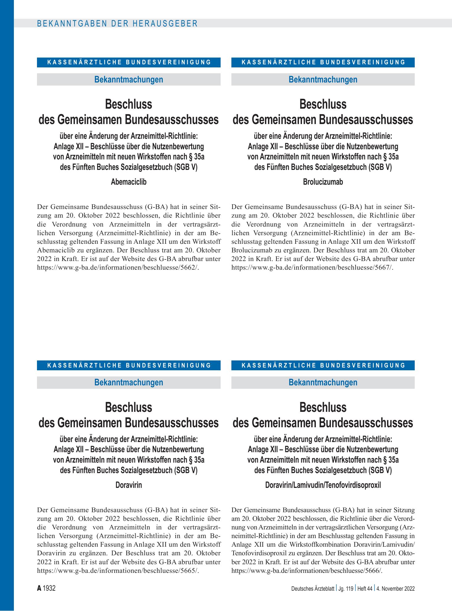 Vorschauseite 1: Beschluss des Gemeinsamen Bundesausschusses über eine Änderung der Arzneimittel-Richtlinie: Doravirin/Lamivudin/Tenofovirdisoproxil – Deutsches Ärzteblatt