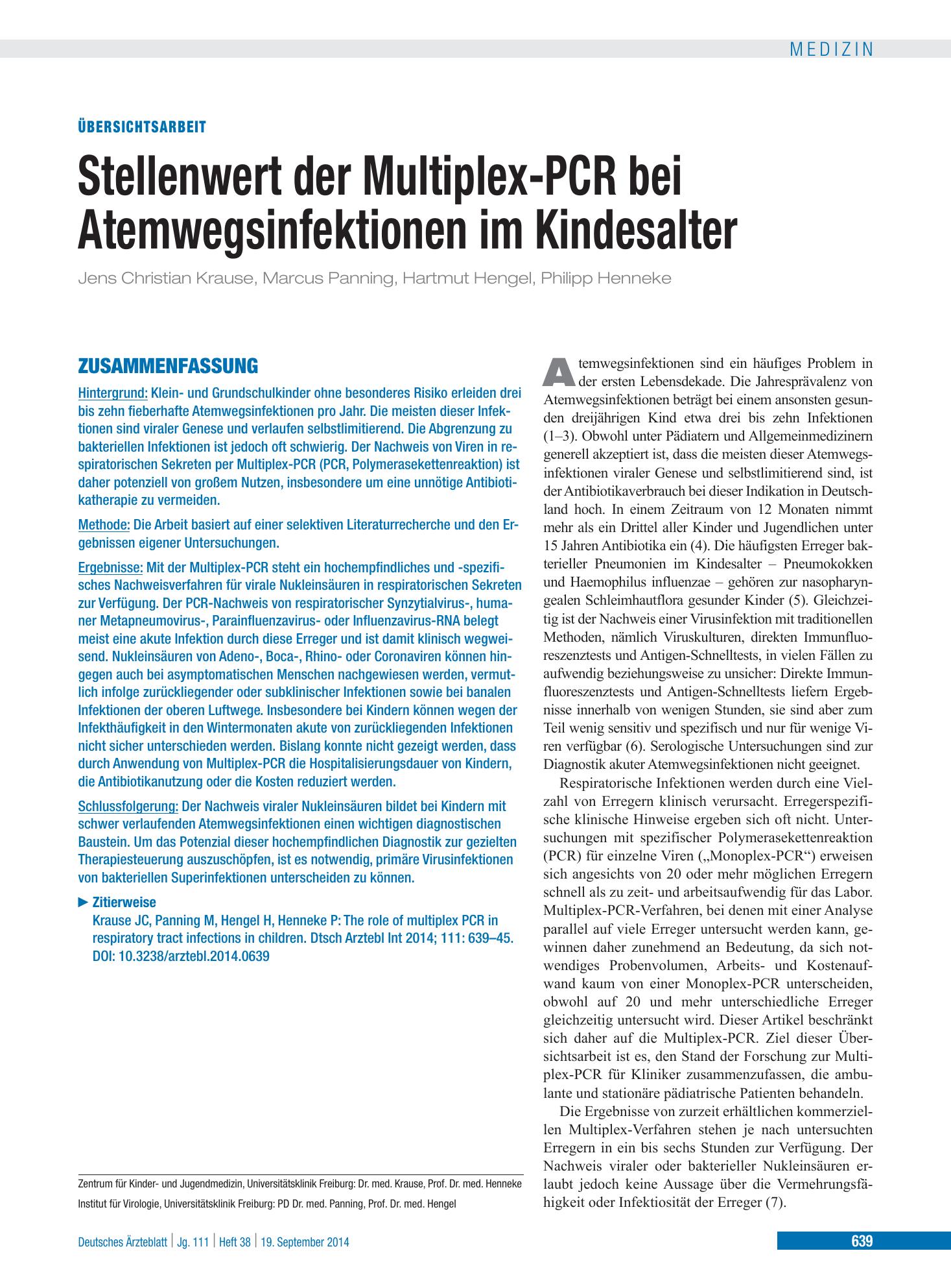 Vorschauseite 1: Stellenwert der Multiplex-PCR bei Atemwegsinfektionen im Kindesalter – Deutsches Ärzteblatt