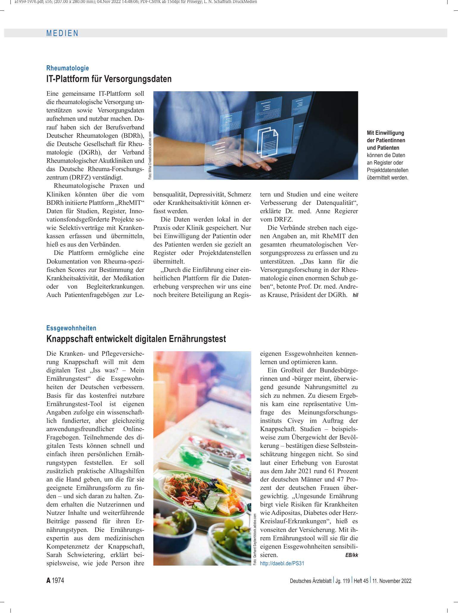 Vorschauseite 1: Rheumatologie: IT-Plattform für Versorgungsdaten – Deutsches Ärzteblatt