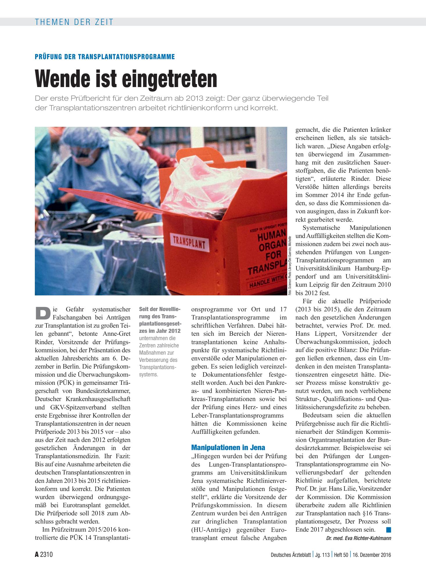 Vorschauseite 1: Prüfung der Transplantationsprogramme: Wende ist eingetreten – Deutsches Ärzteblatt