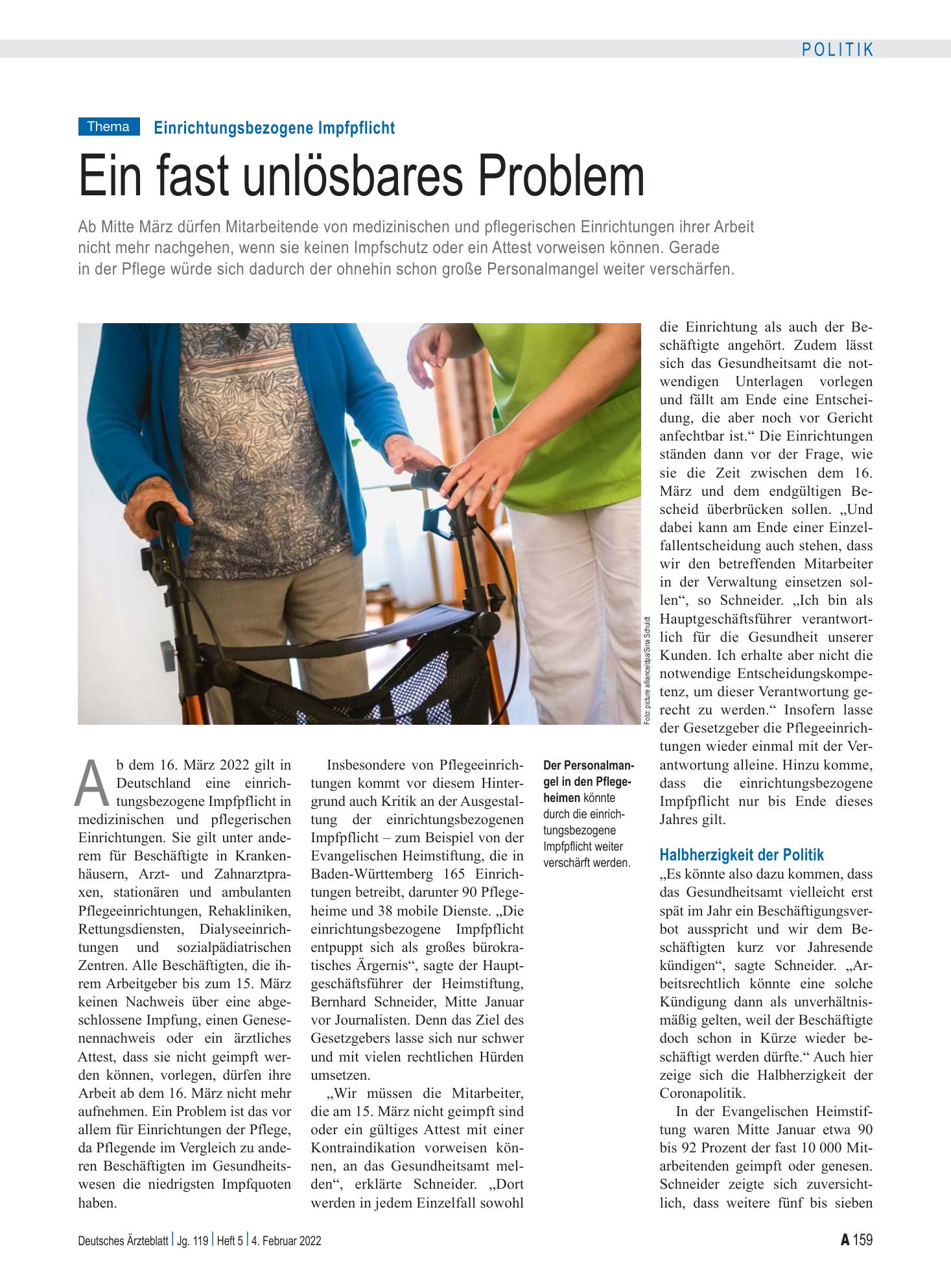 Vorschauseite 1: Einrichtungsbezogene Impfpflicht: Ein fast unlösbares Problem – Deutsches Ärzteblatt