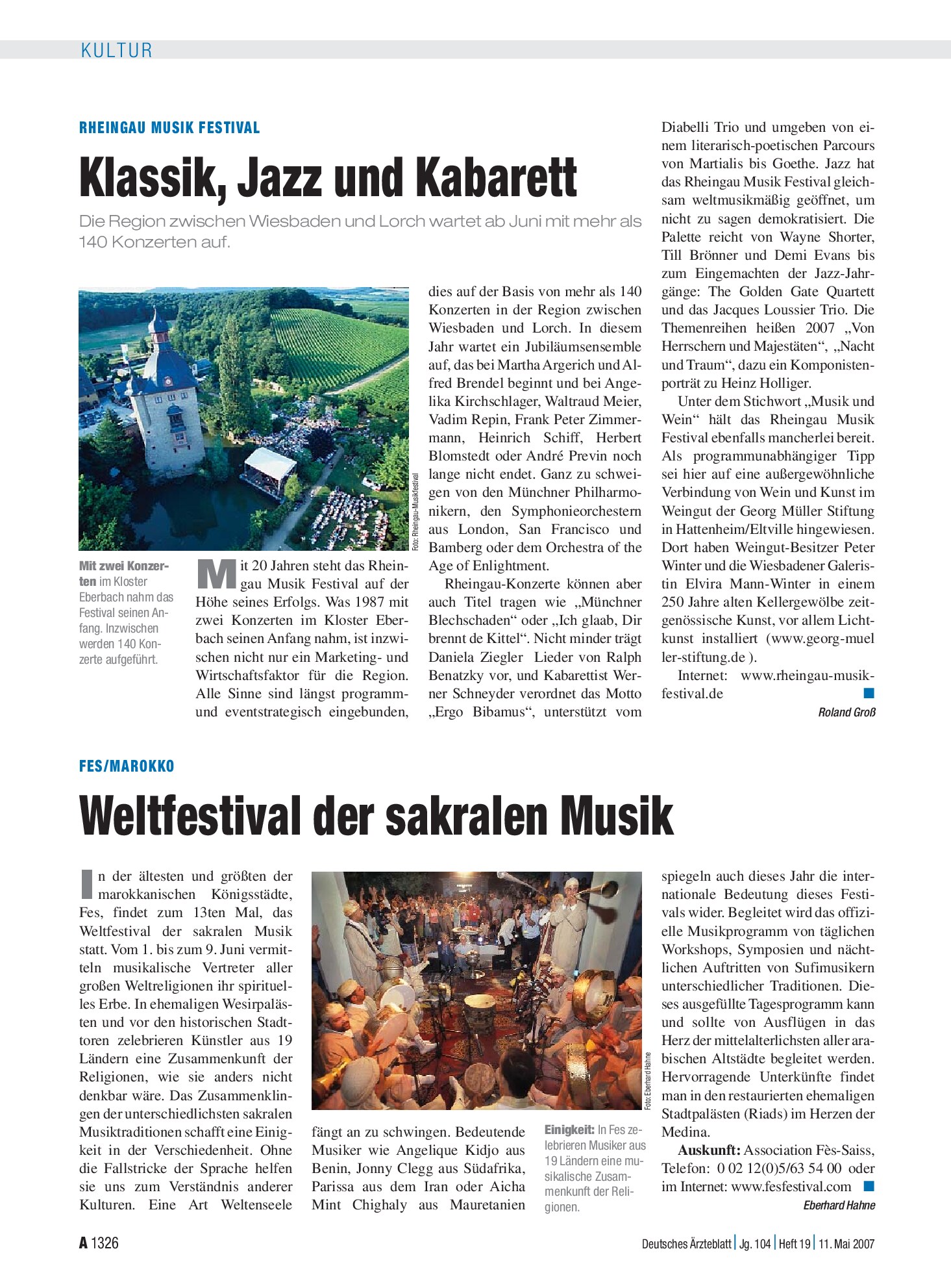 Vorschauseite 1: Fes/Marokko: Weltfestival der sakralen Musik – Deutsches Ärzteblatt