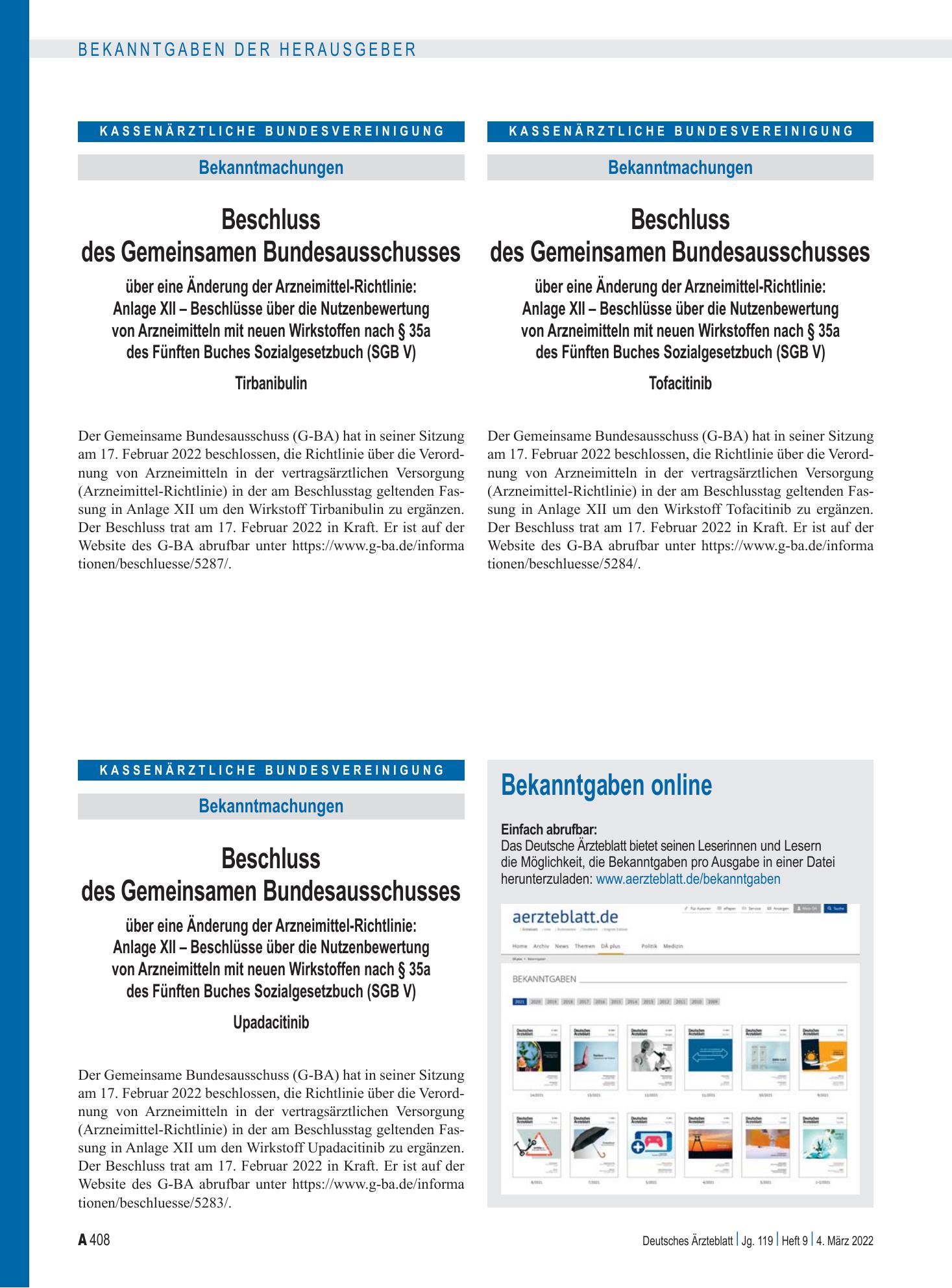 Vorschauseite 1: Beschluss des Gemeinsamen Bundesausschusses über eine Änderung der Arzneimittel-Richtlinie: Upadacitinib – Deutsches Ärzteblatt