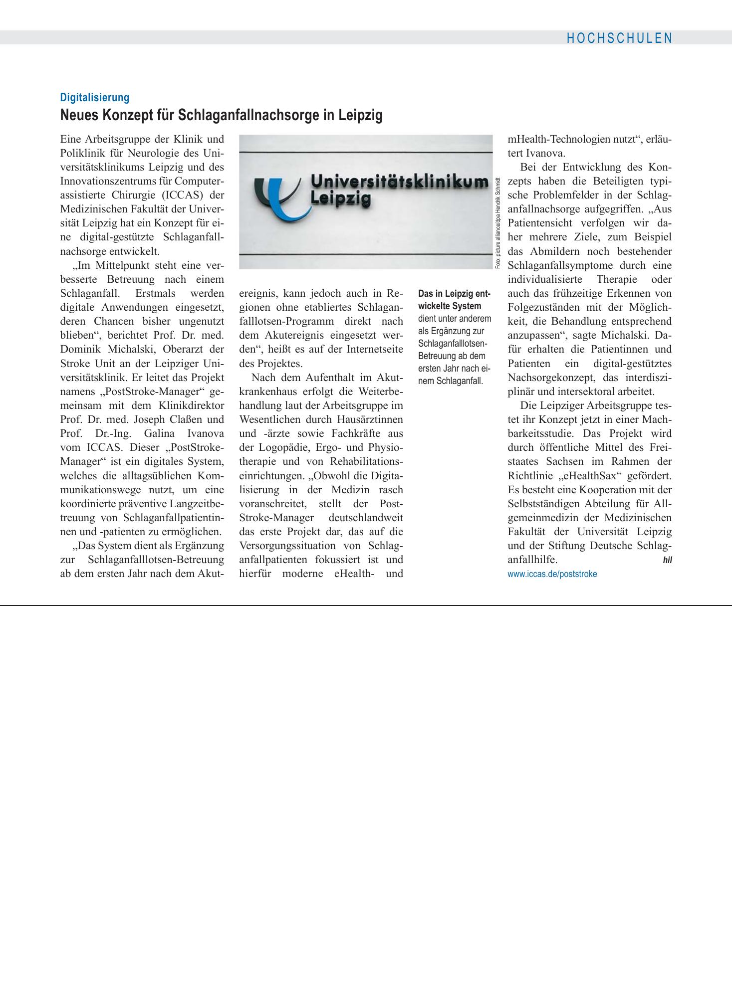 Vorschauseite 1: Digitalisierung: Neues Konzept für Schlaganfallnachsorge in Leipzig – Deutsches Ärzteblatt