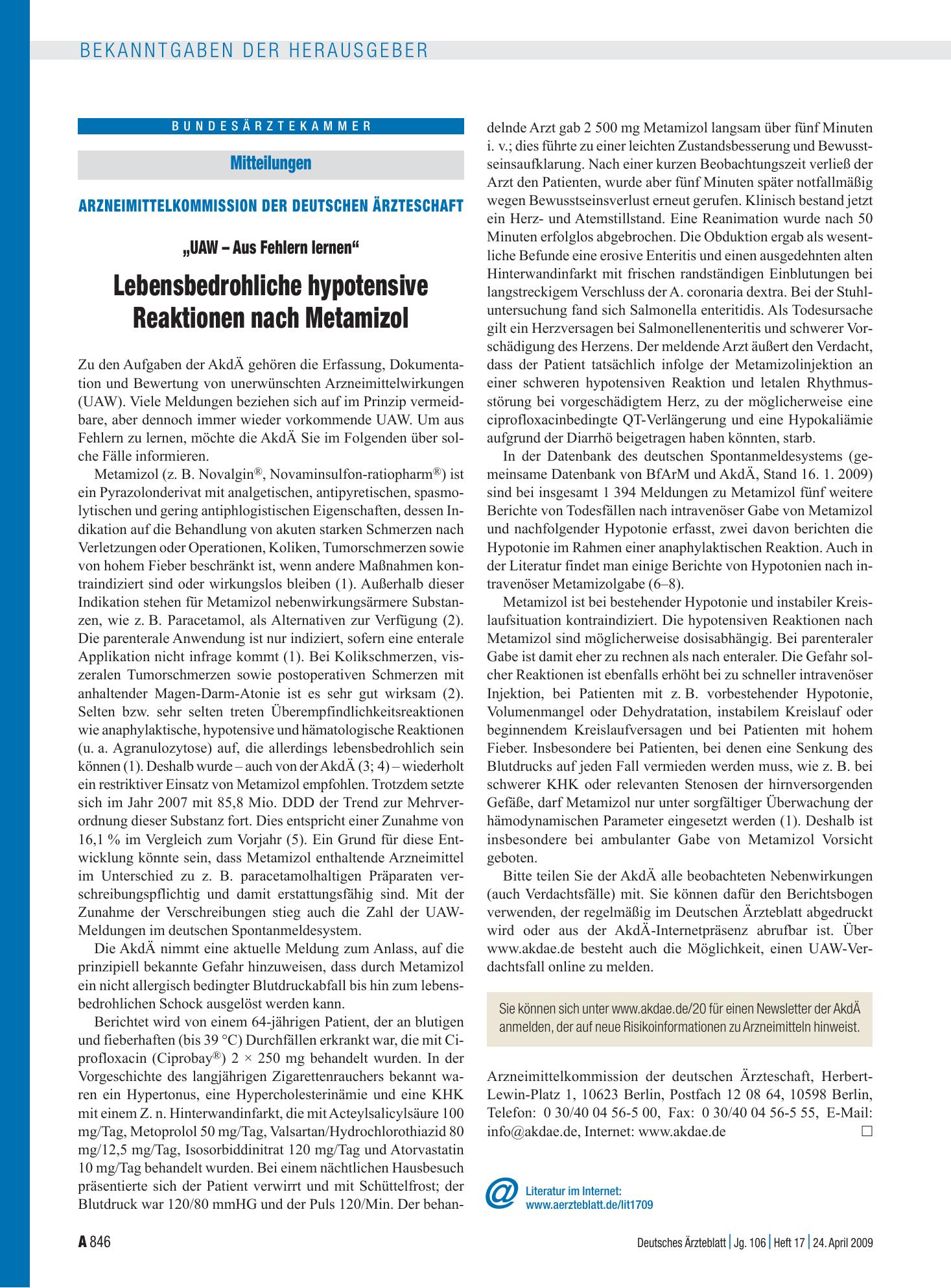 Vorschauseite 1: Mitteilungen: Arzneimittelkommission der deutschen Ärzteschaft „UAW – Aus Fehlern lernen“ - Lebensbedrohliche hypotensive Reaktionen nach Metamizol – Deutsches Ärzteblatt
