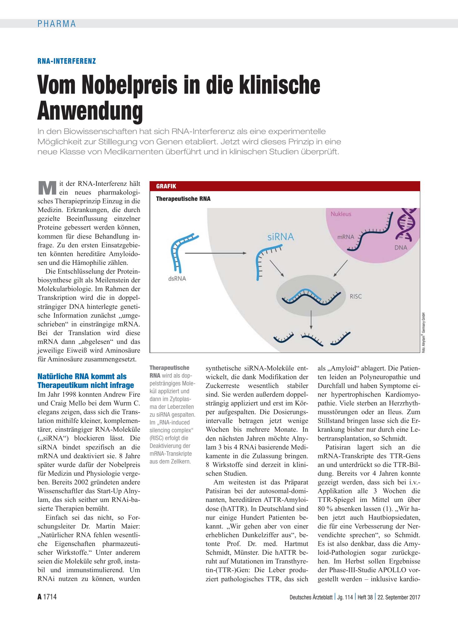 Vorschauseite 1: RNA-Interferenz: Vom Nobelpreis in die klinische Anwendung – Deutsches Ärzteblatt