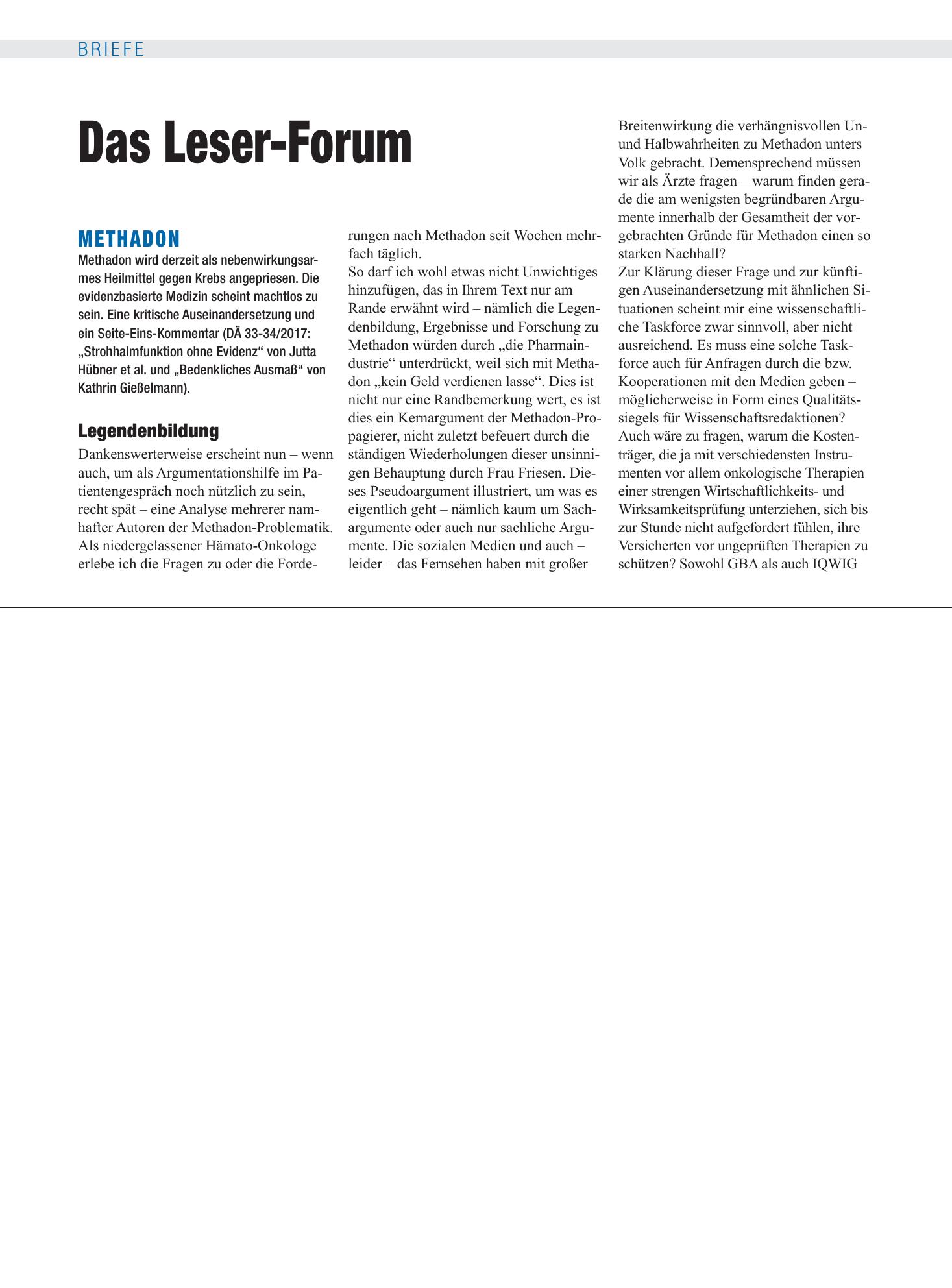 Vorschauseite 1: Methadon: Legendenbildung – Deutsches Ärzteblatt