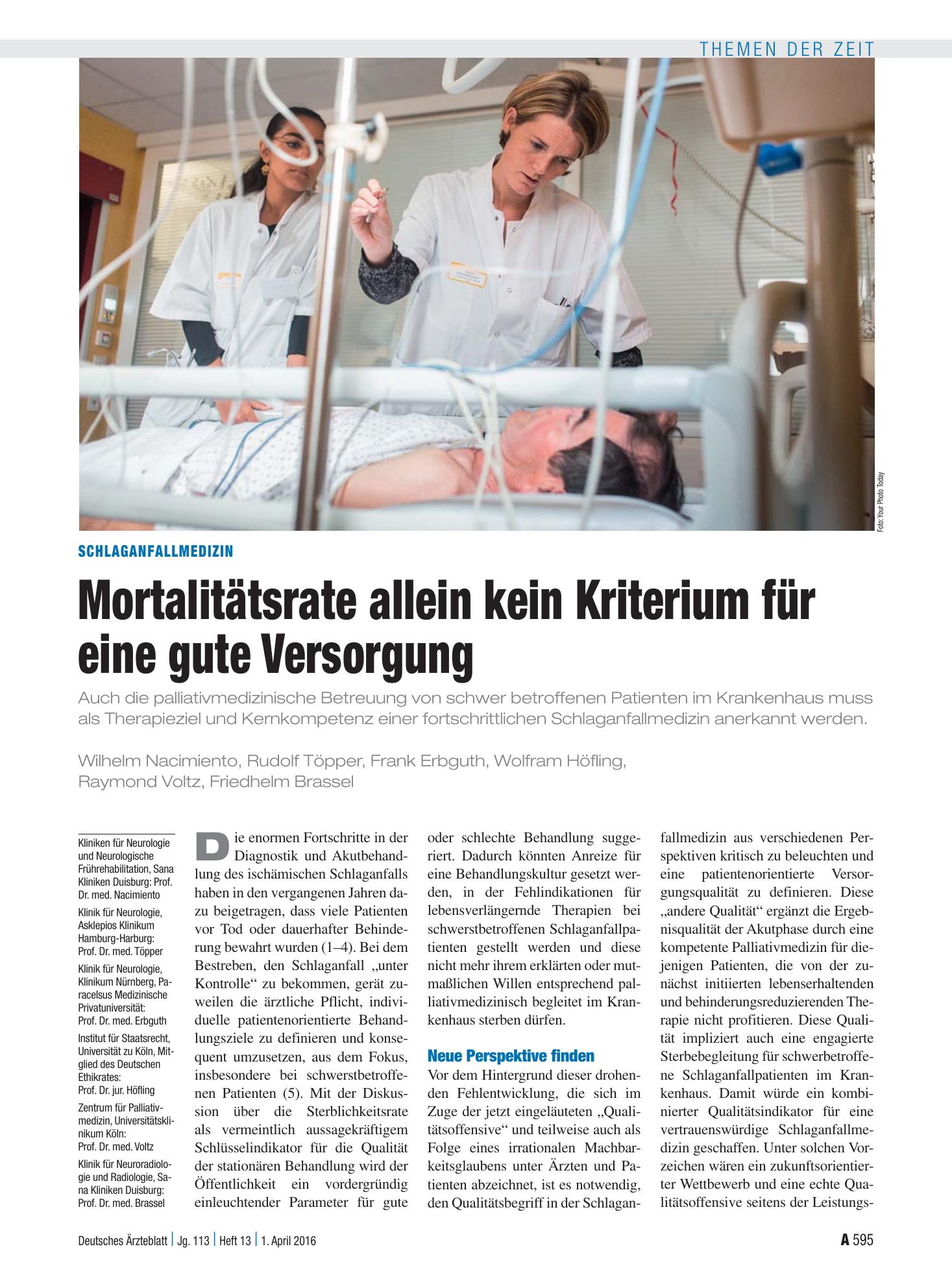 Vorschauseite 1: Schlaganfallmedizin: Mortalitätsrate allein kein Kriterium für eine gute Versorgung – Deutsches Ärzteblatt
