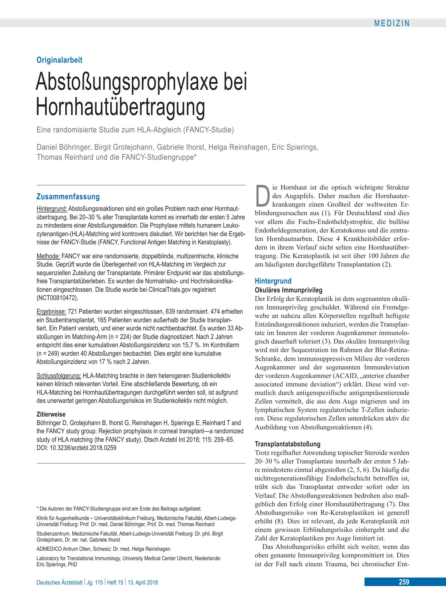 Vorschauseite 1: Abstoßungsprophylaxe bei Hornhautübertragung – Deutsches Ärzteblatt