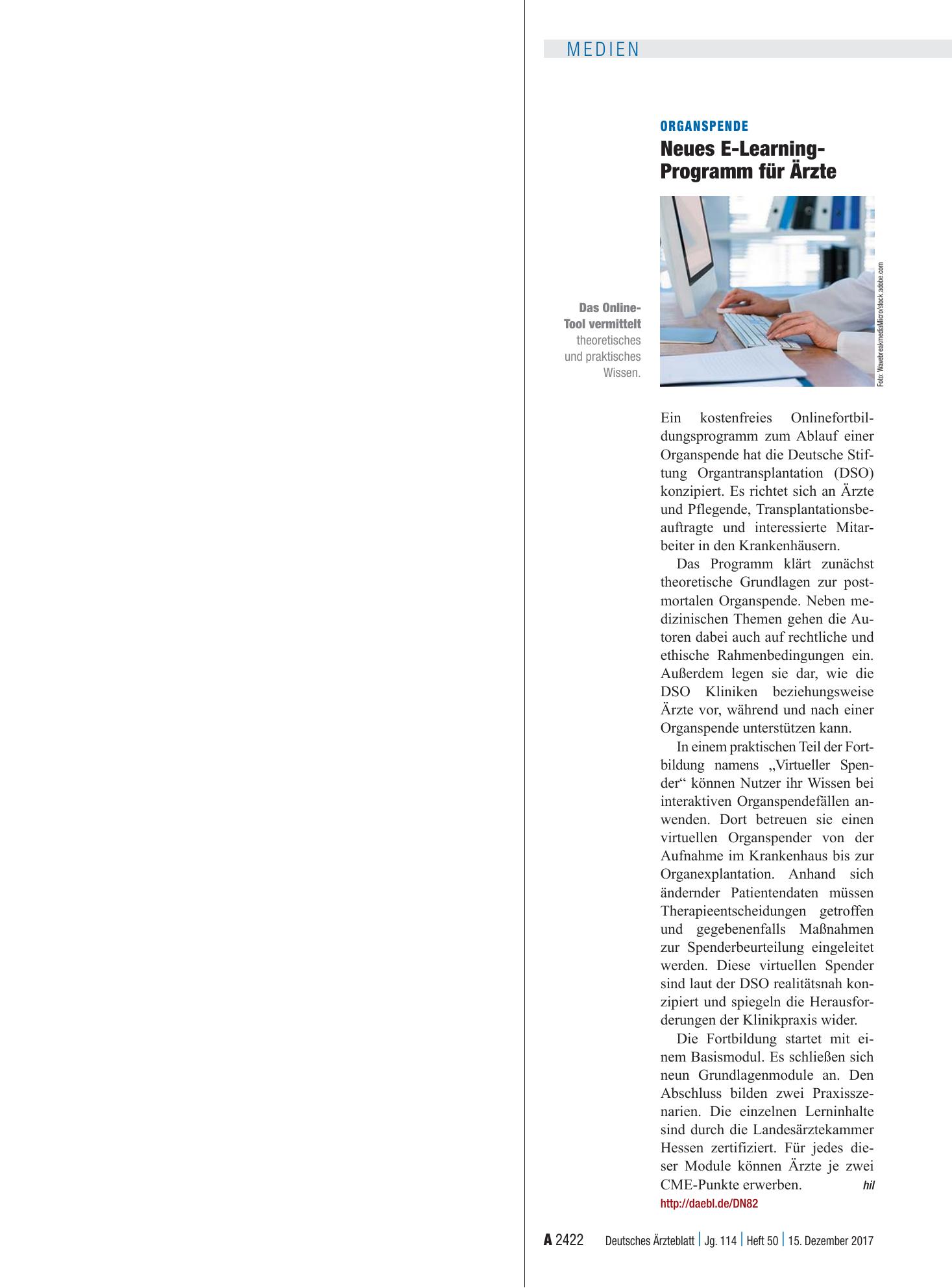 Vorschauseite 1: Organspende: Neues E-Learning-Programm für Ärzte – Deutsches Ärzteblatt