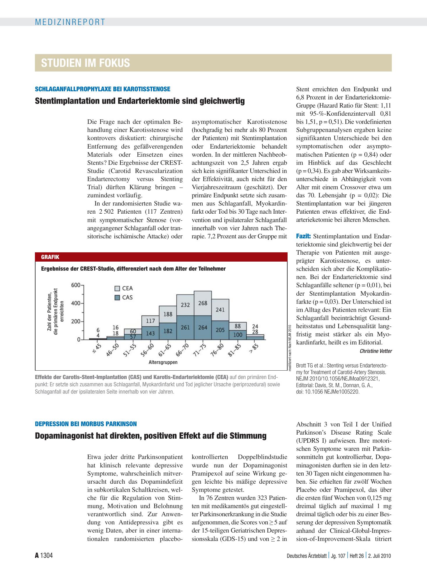 Vorschauseite 1: Schlaganfallprophylaxe bei Karotisstenose: Stentimplantation und Endarteriektomie sind gleichwertig – Deutsches Ärzteblatt