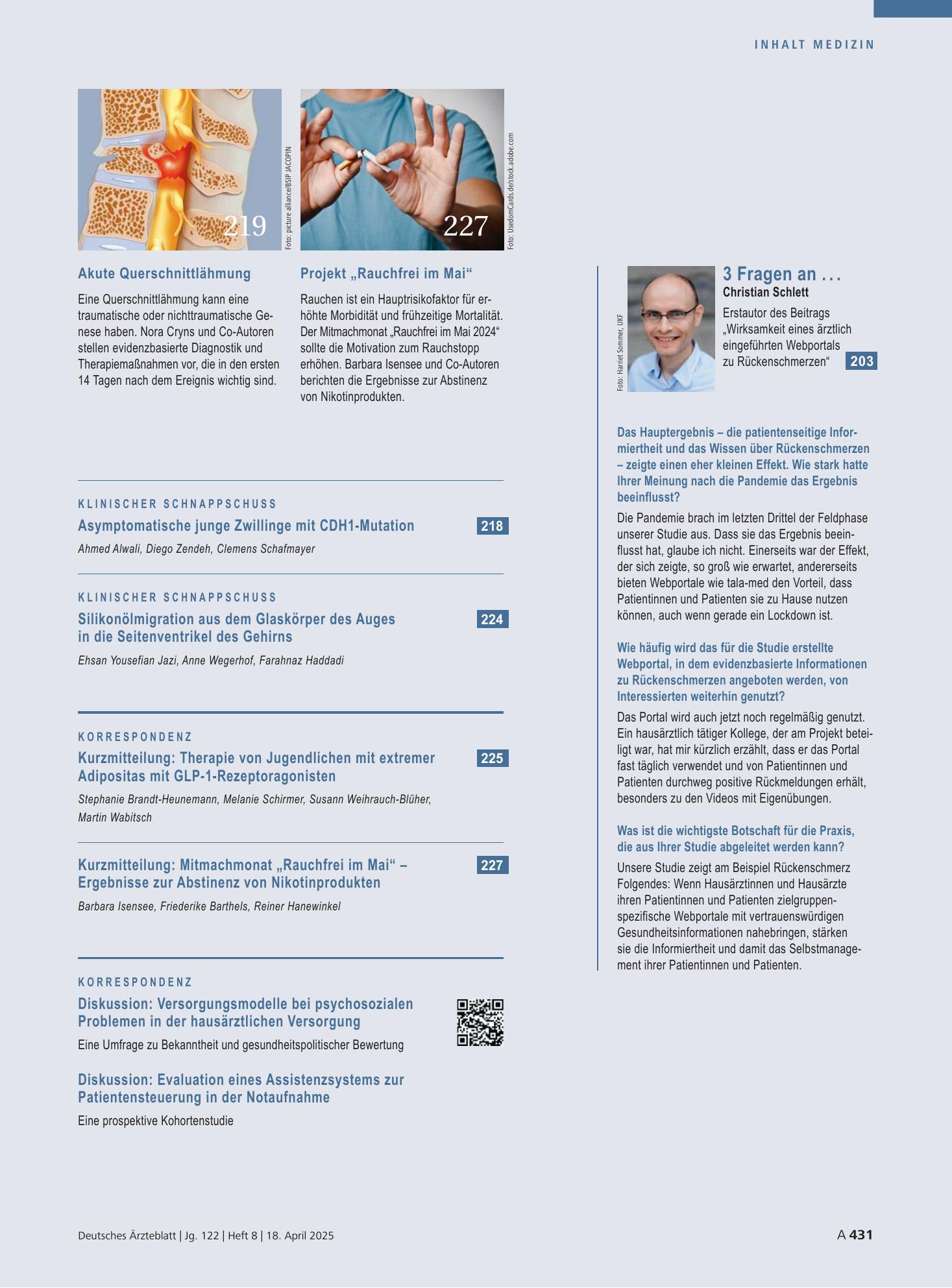 Vorschauseite 1: 3 Fragen an . . . Christian Schlett – Deutsches Ärzteblatt
