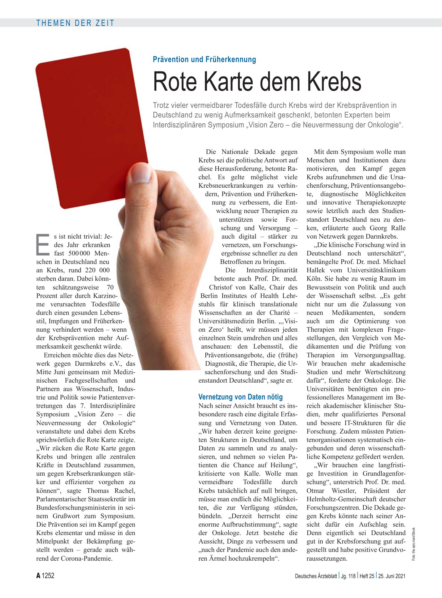 Vorschauseite 1: Prävention und Früherkennung: Rote Karte dem Krebs – Deutsches Ärzteblatt