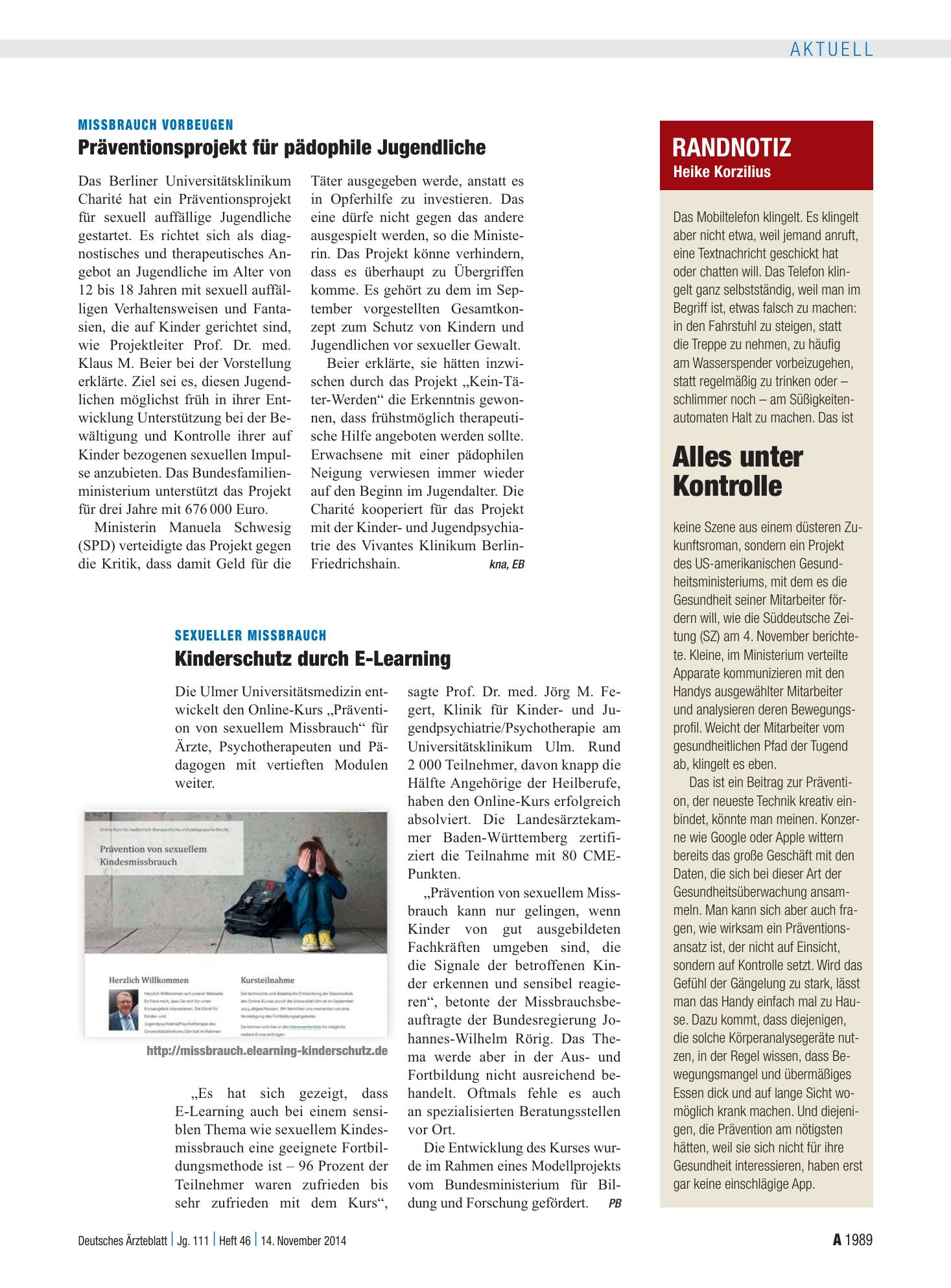Vorschauseite 1: Sexueller Missbrauch: Kinderschutz durch E-Learning – Deutsches Ärzteblatt