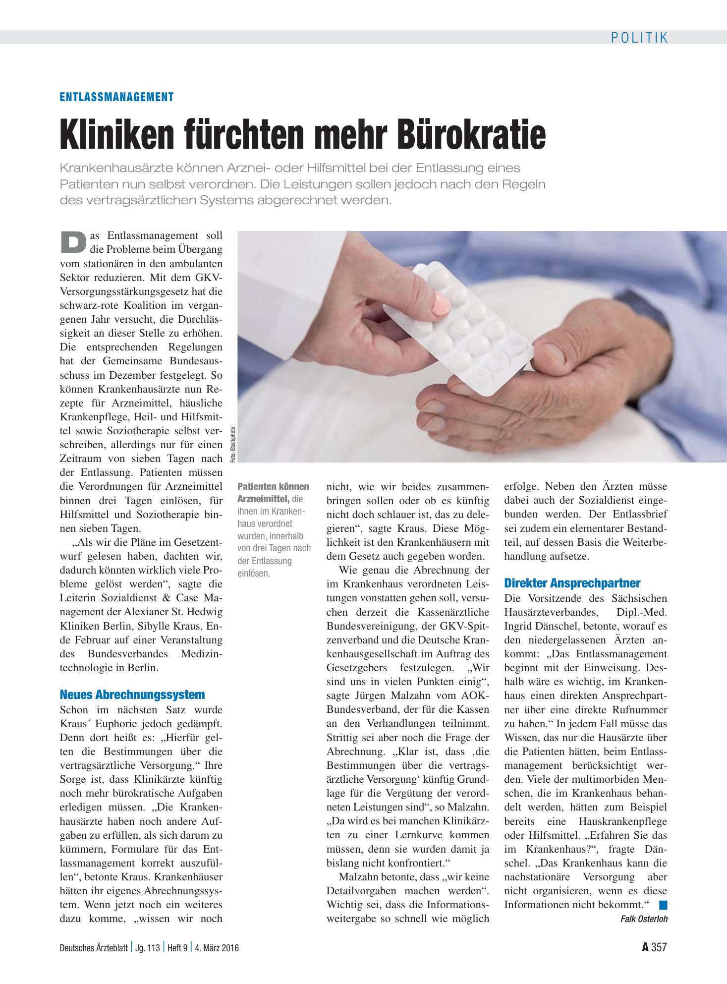 Vorschauseite 1: Entlassmanagement: Kliniken fürchten mehr Bürokratie – Deutsches Ärzteblatt