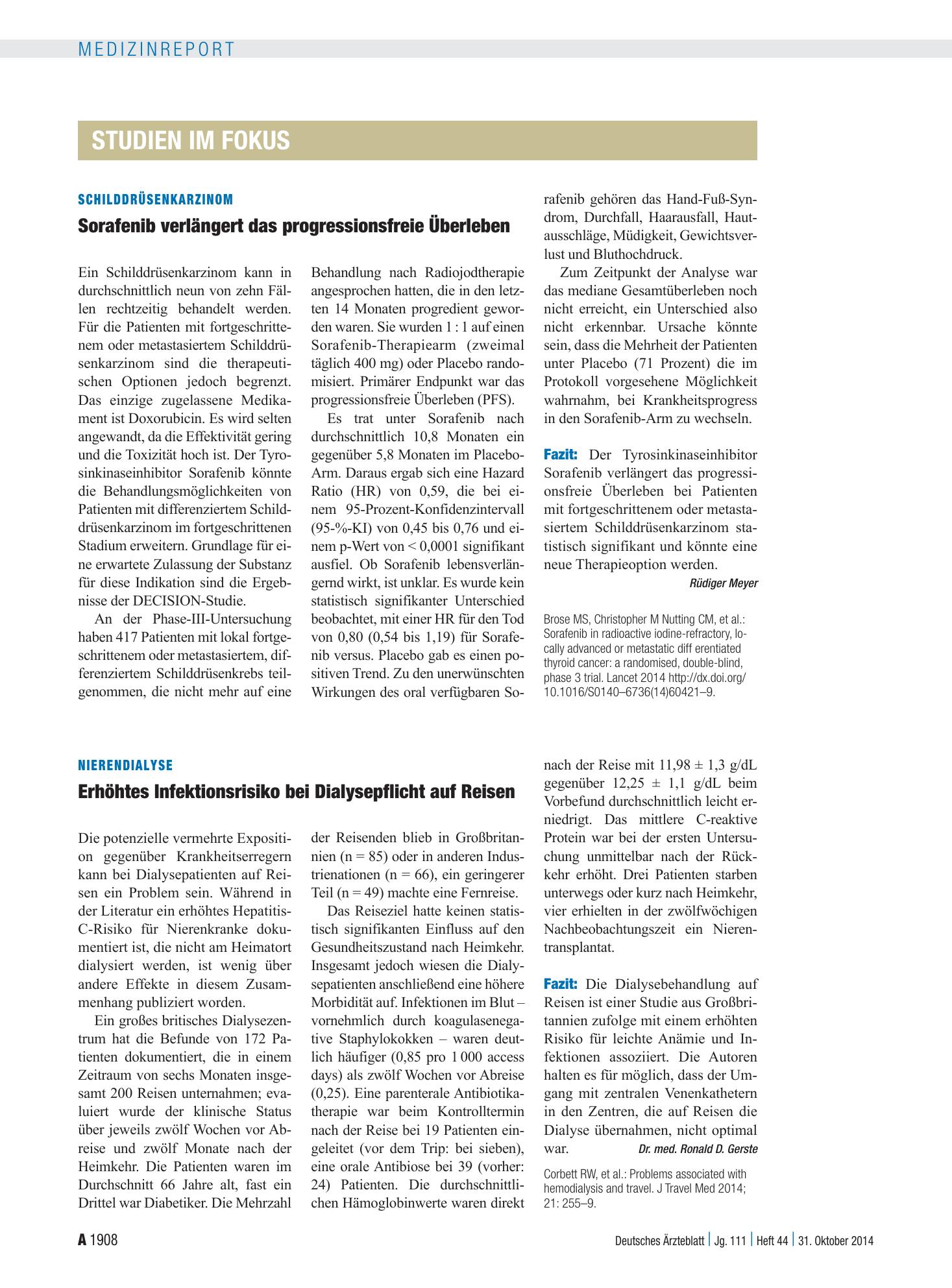 Vorschauseite 1: Schilddrüsenkarzinom: Sorafenib verlängert das progressionsfreie Überleben – Deutsches Ärzteblatt