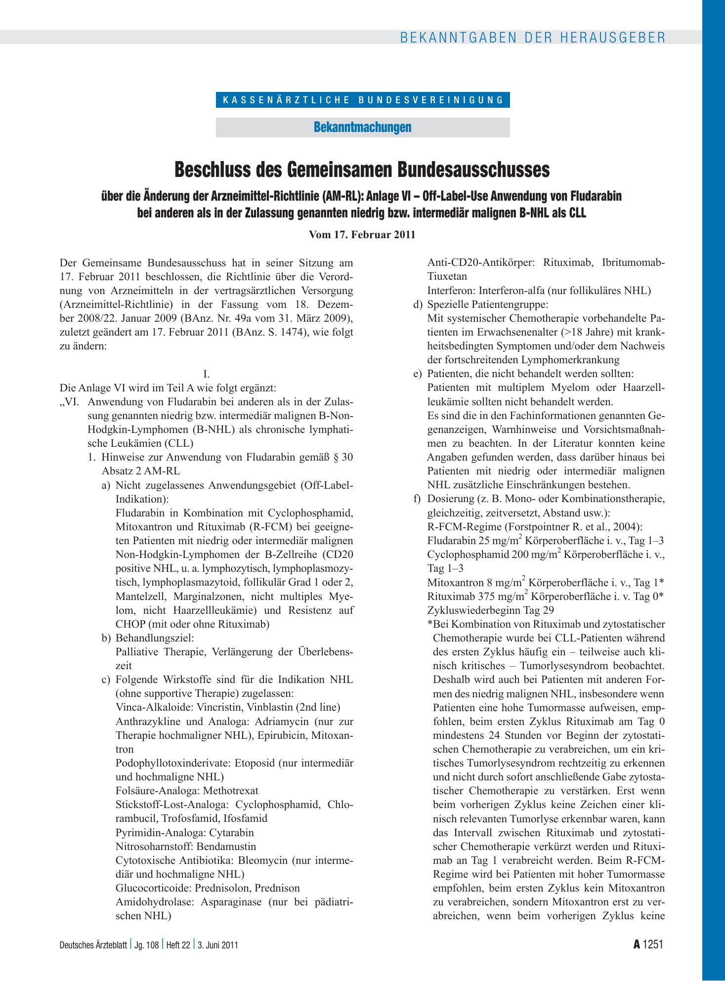 Vorschauseite 1: Beschluss des Gemeinsamen Bundesausschusses über die Änderung der Arzneimittel-Richtlinie (AM-RL): Anlage VI – Off-Label-Use Anwendung von Fludarabin bei anderen als in der Zulass…