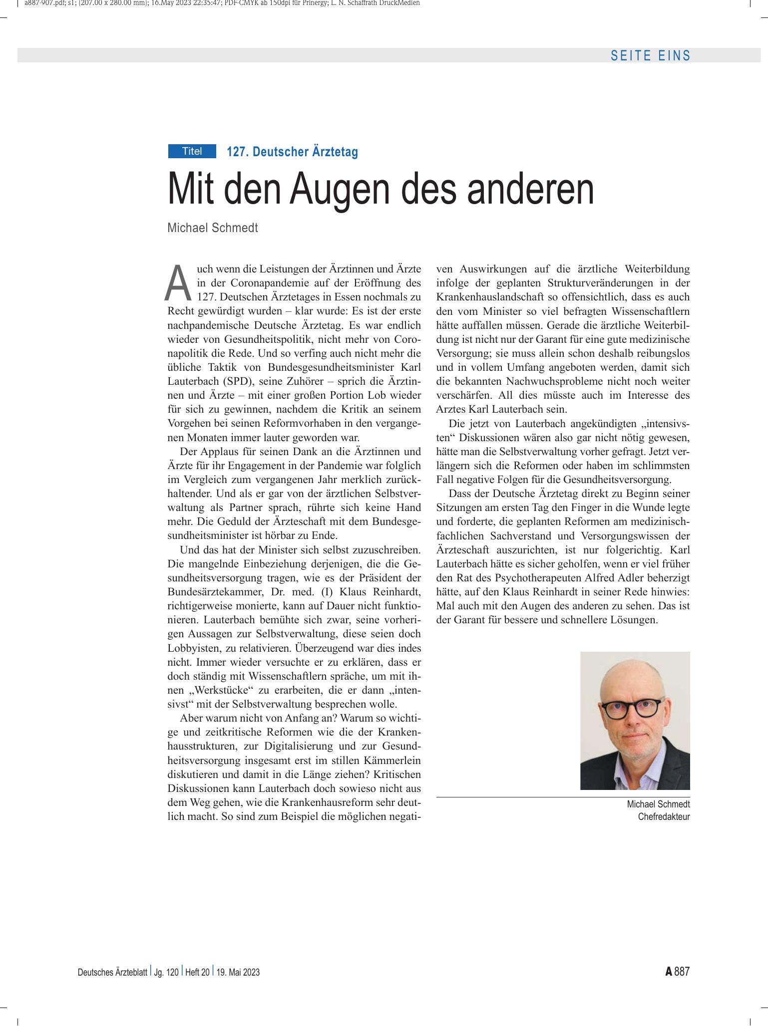 Vorschauseite 1: 127. Deutscher Ärztetag: Mit den Augen des anderen – Deutsches Ärzteblatt