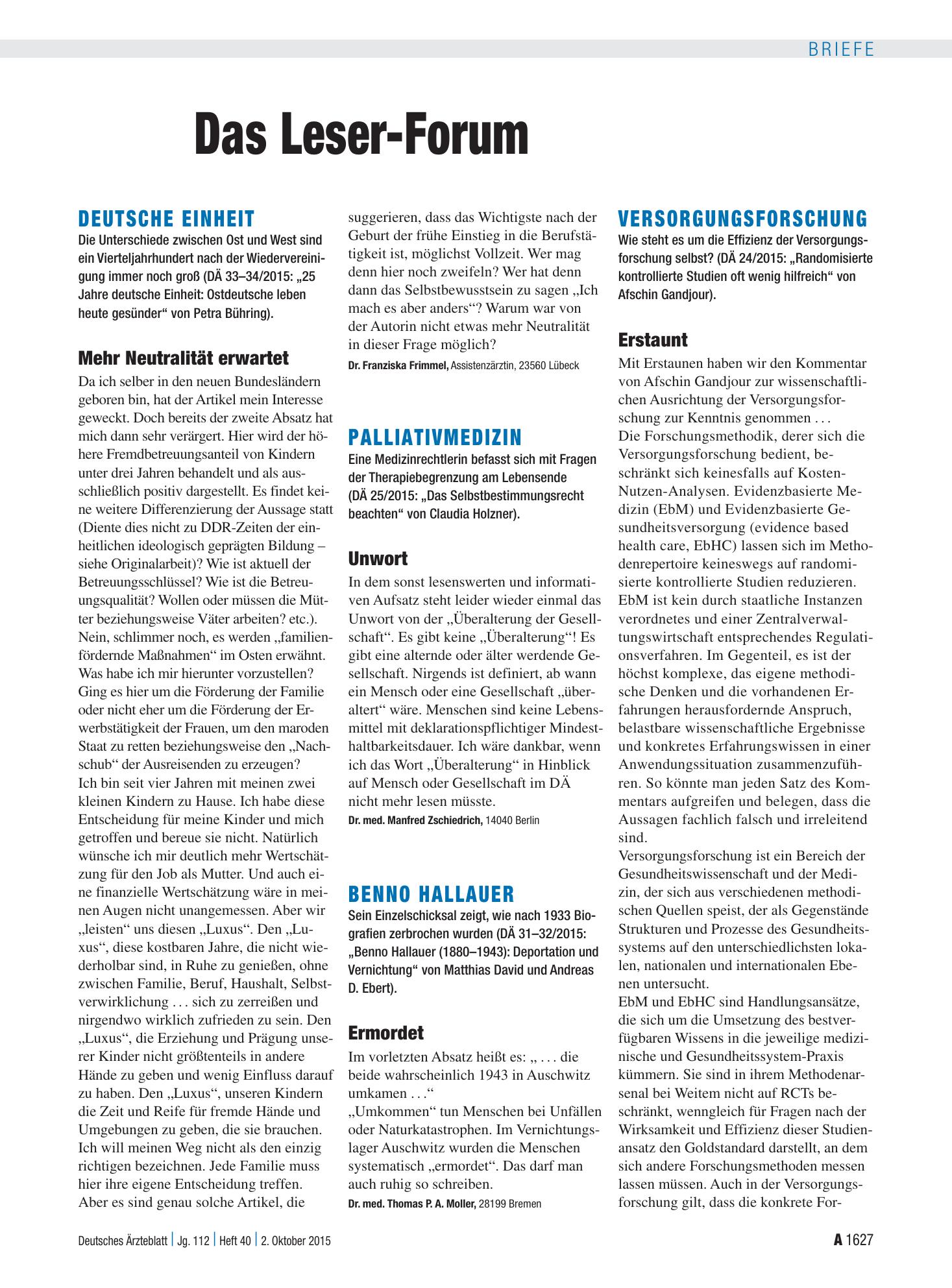 Vorschauseite 1: Benno Hallauer: Ermordet – Deutsches Ärzteblatt
