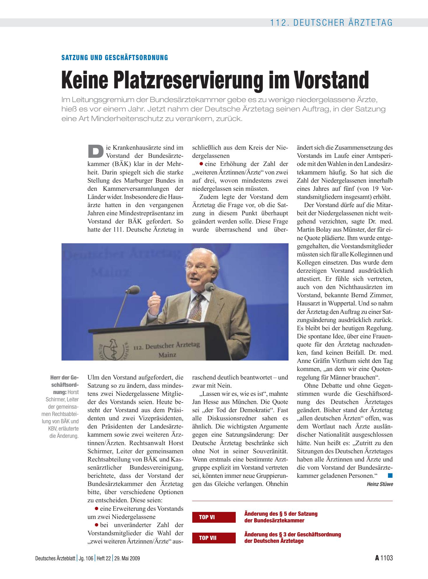 Vorschauseite 1: Satzung und Geschäftsordnung: Keine Platzreservierung im Vorstand – Deutsches Ärzteblatt