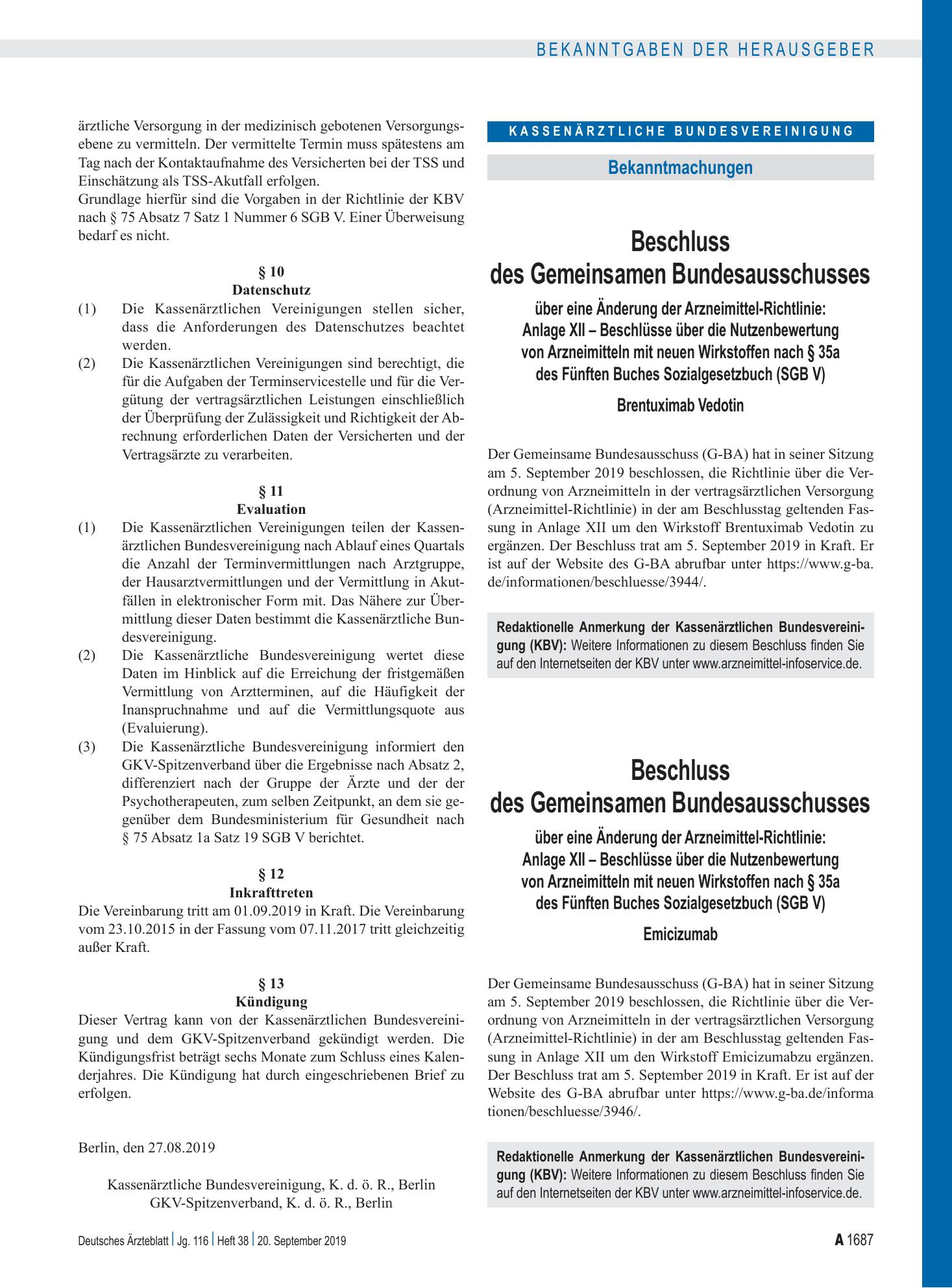 Vorschauseite 1: Beschluss des Gemeinsamen Bundesausschusses über eine Änderung der Arzneimittel-Richtlinie: Anlage XII – Emicizumab – Deutsches Ärzteblatt