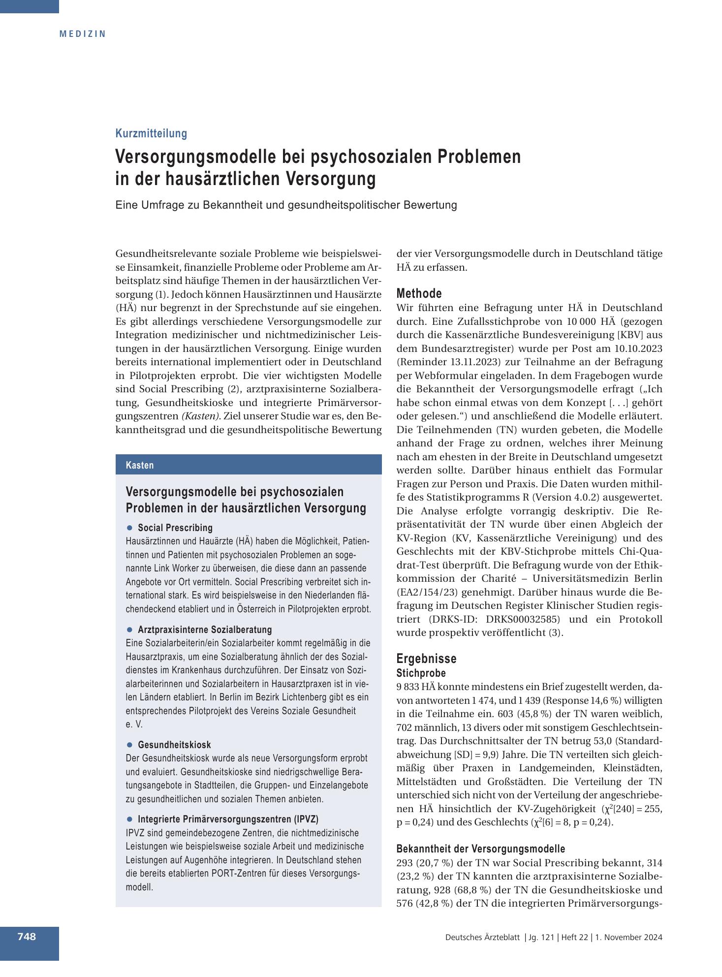Vorschauseite 1: Versorgungsmodelle bei psychosozialen Problemen in der hausärztlichen Versorgung – Deutsches Ärzteblatt