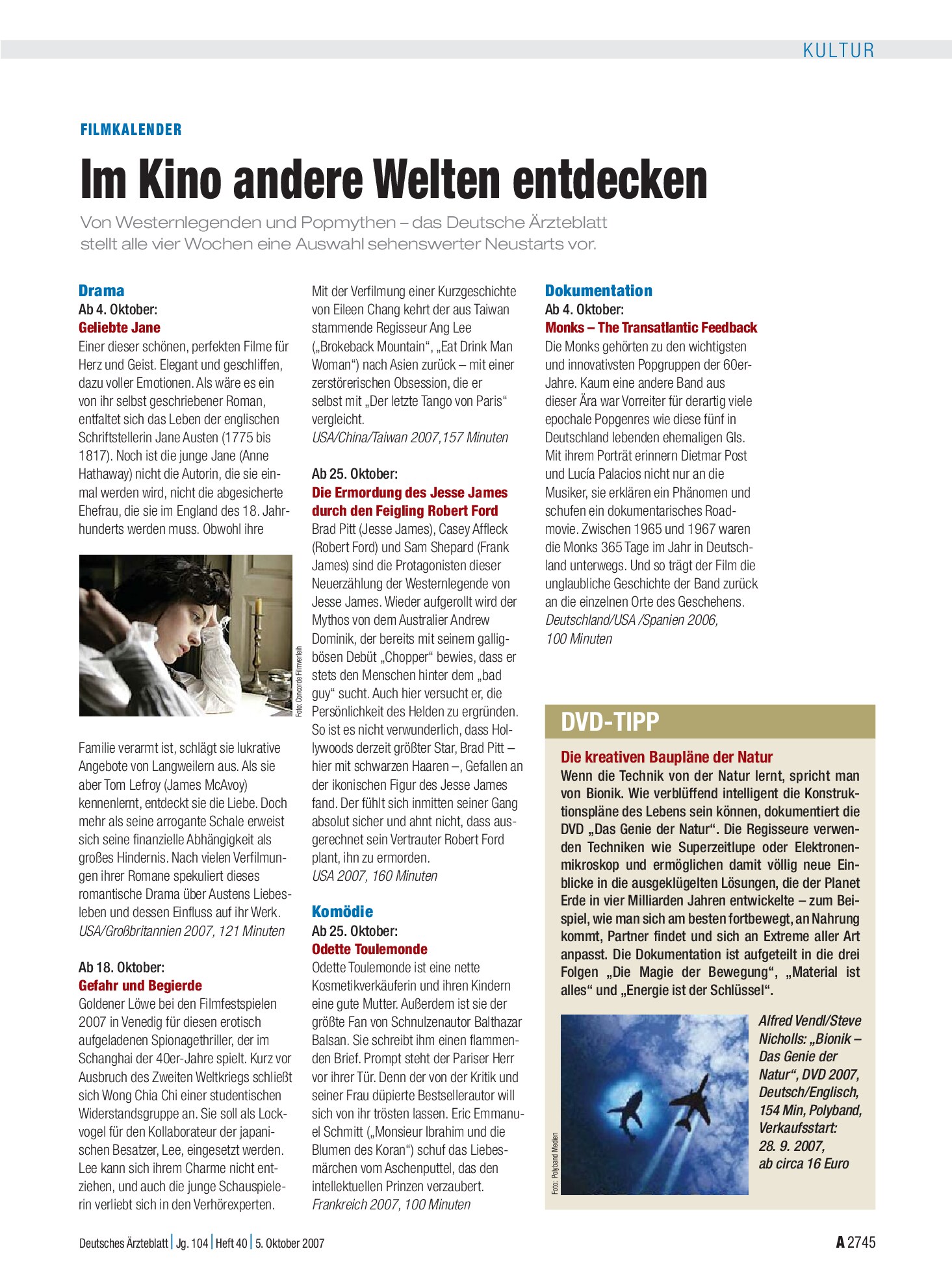 Vorschauseite 1: Filmkalender: Im Kino andere Welten entdecken – Deutsches Ärzteblatt