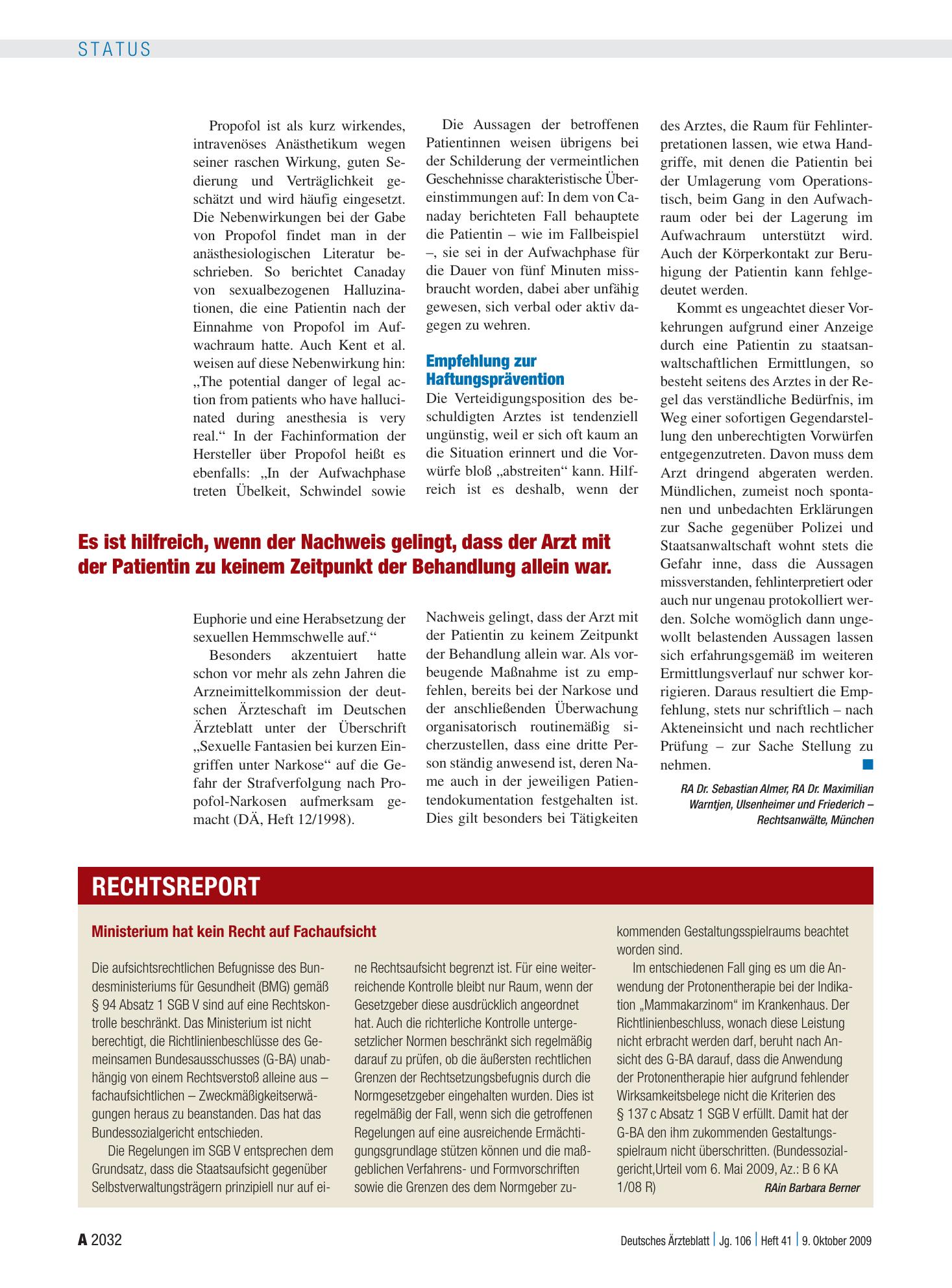 Vorschauseite 1: Ministerium hat kein Recht auf Fachaufsicht – Deutsches Ärzteblatt
