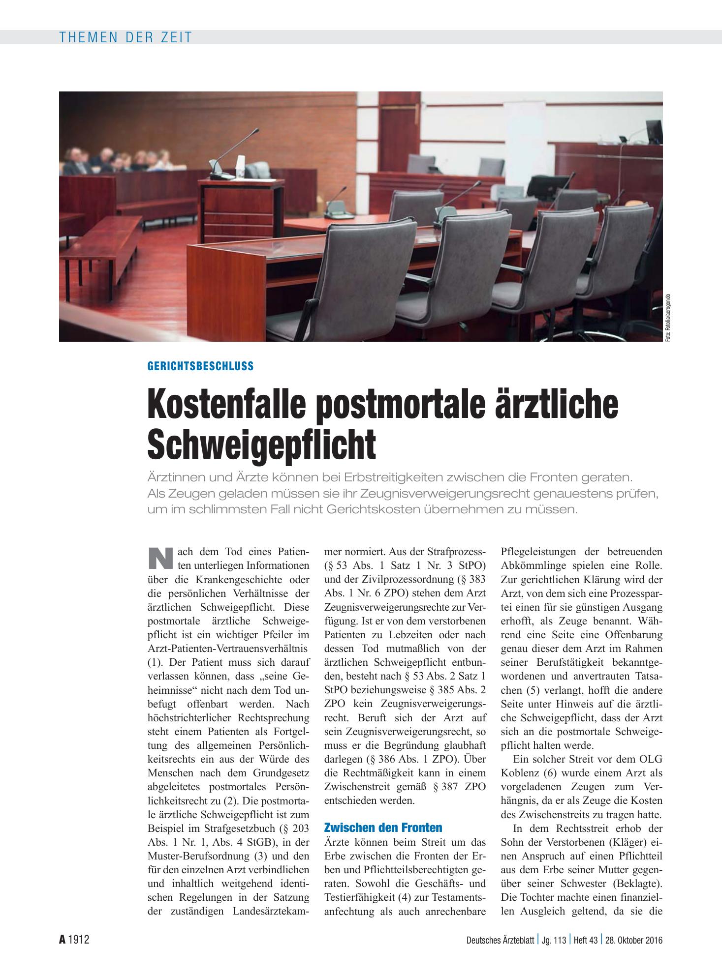Vorschauseite 1: Gerichtsbeschluss: Kostenfalle postmortale ärztliche Schweigepflicht – Deutsches Ärzteblatt