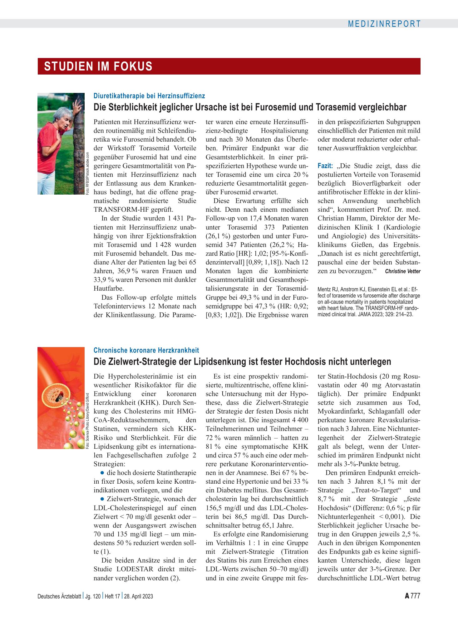 Vorschauseite 1: Diuretikatherapie bei Herzinsuffizienz: Die Sterblichkeit jeglicher Ursache ist bei Furosemid und Torasemid vergleichbar – Deutsches Ärzteblatt