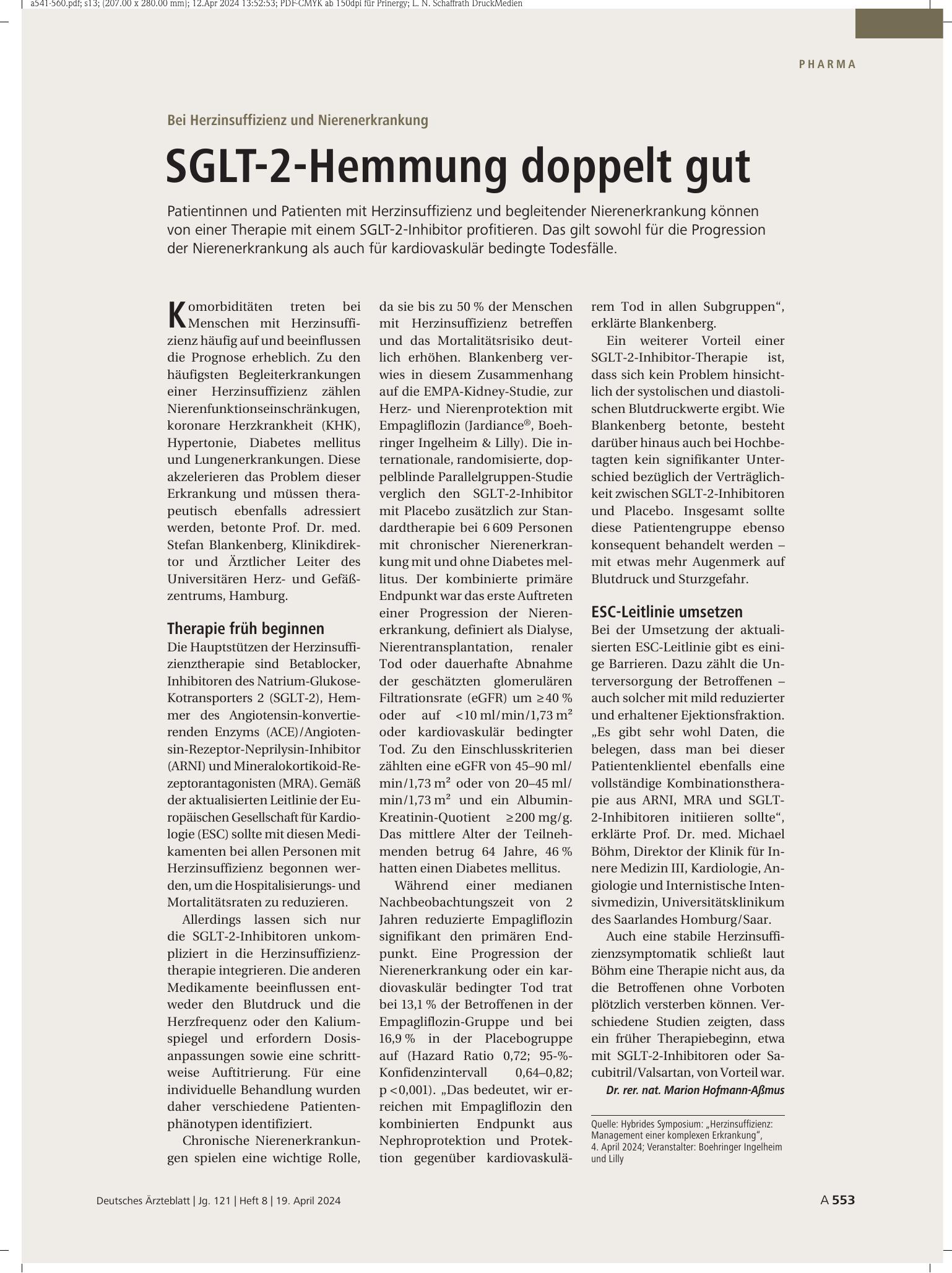 Vorschauseite 1: Bei Herzinsuffizienz und Nierenerkrankung: SGLT-2-Hemmung doppelt gut – Deutsches Ärzteblatt