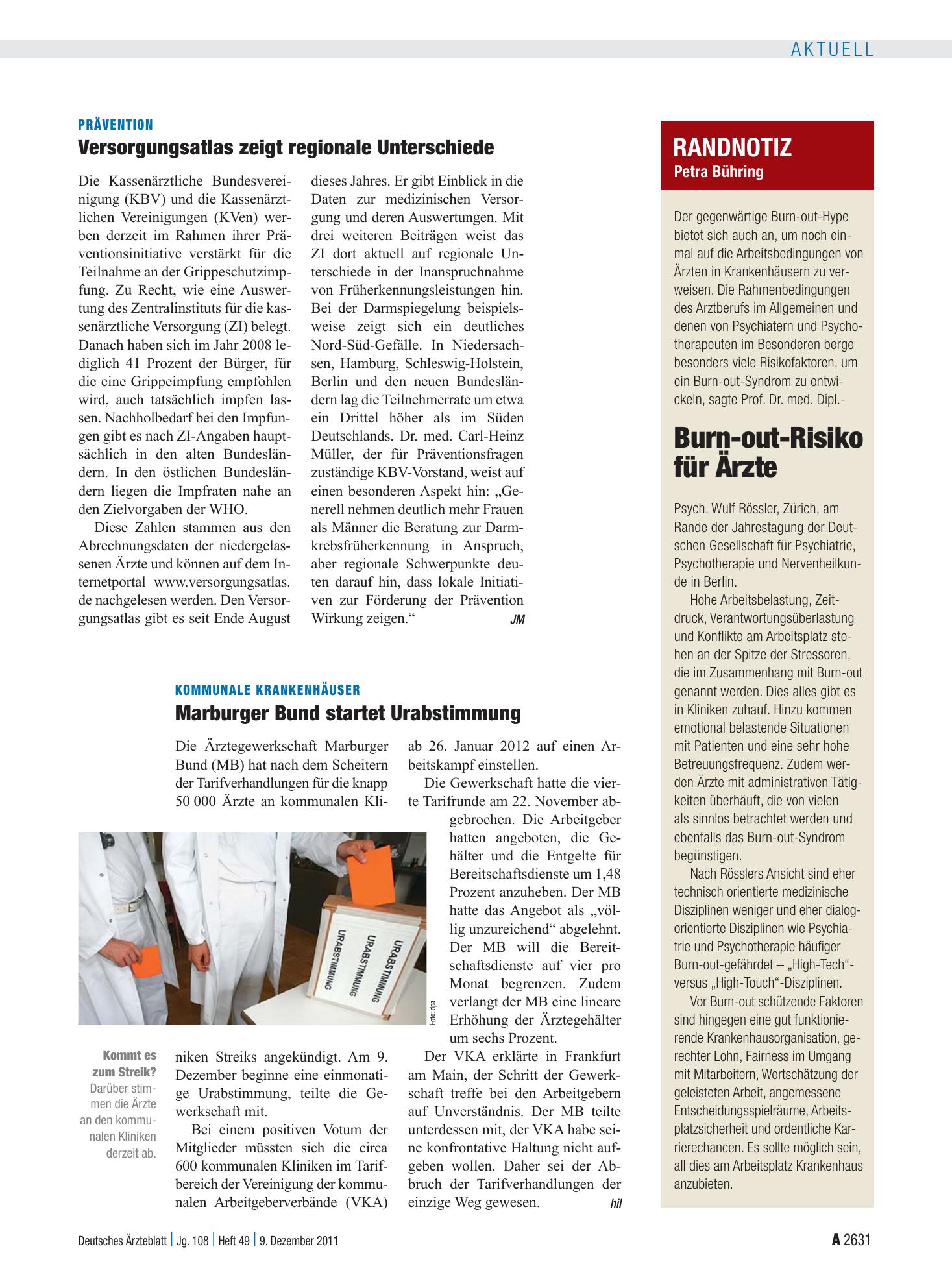 Vorschauseite 1: Randnotiz: Burn-out-Risiko für Ärzte – Deutsches Ärzteblatt