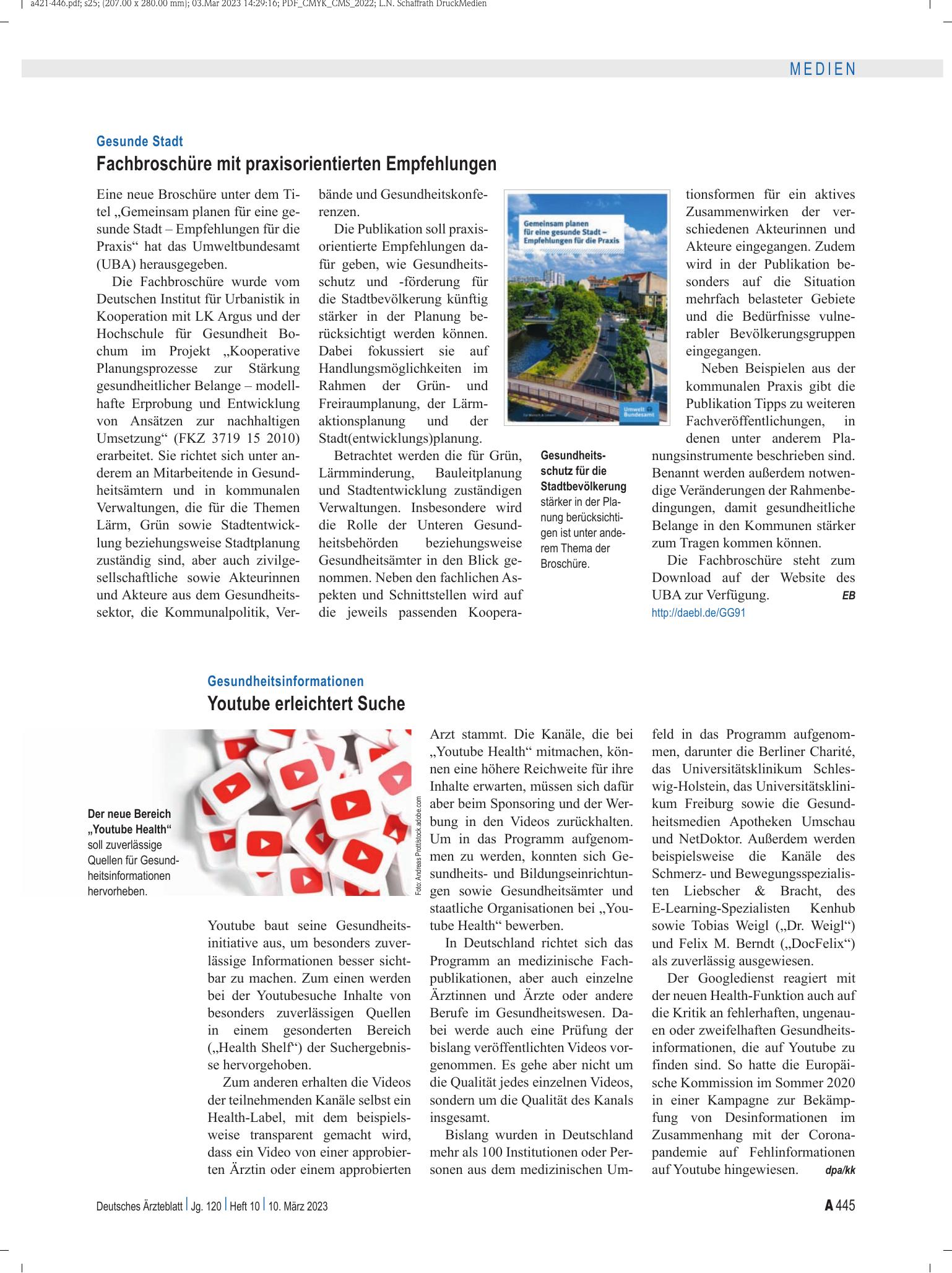 Vorschauseite 1: Gesundheitsinformationen: Youtube erleichtert Suche – Deutsches Ärzteblatt