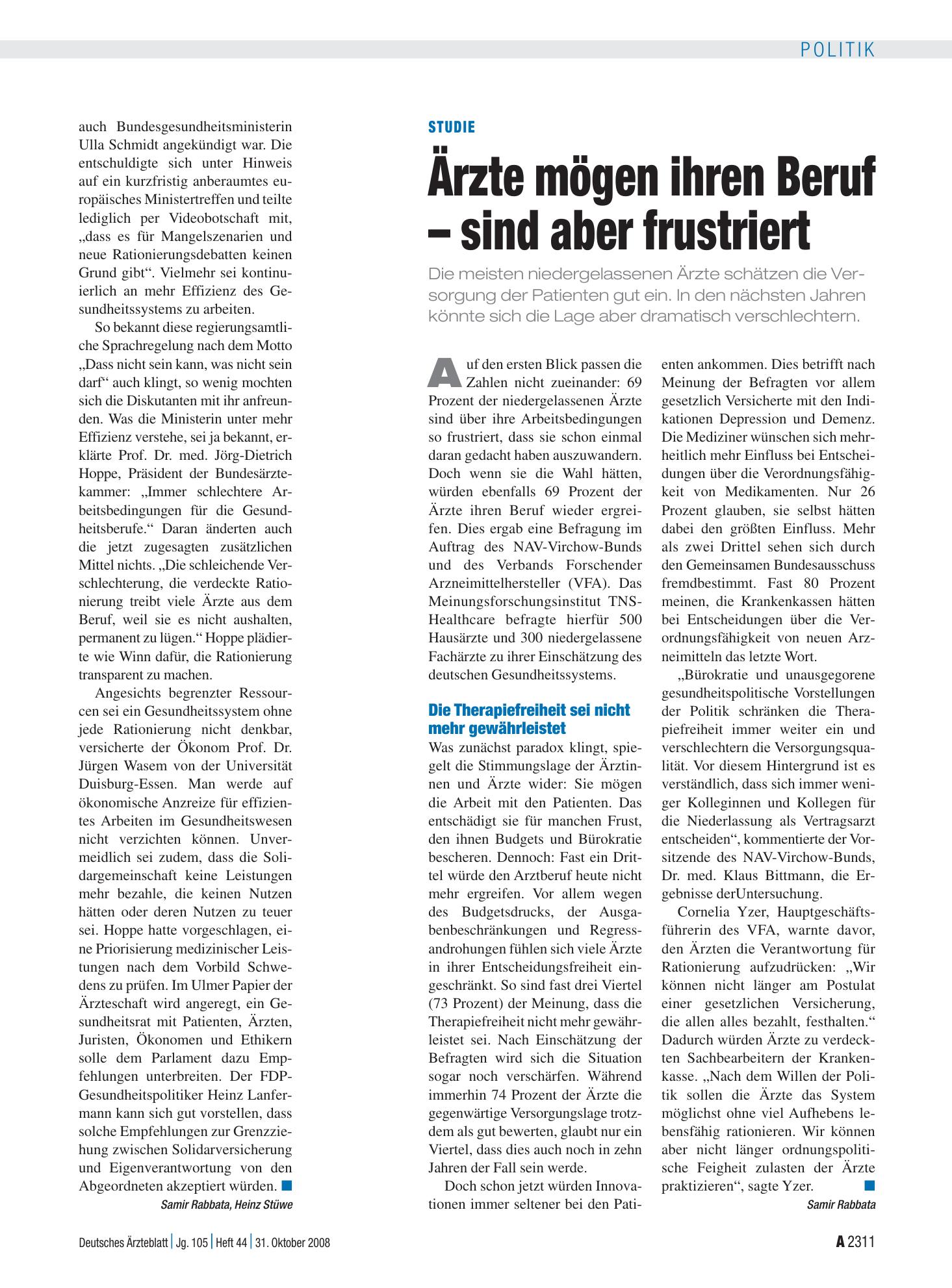 Vorschauseite 1: Studie: Ärzte mögen ihren Beruf – sind aber frustriert – Deutsches Ärzteblatt