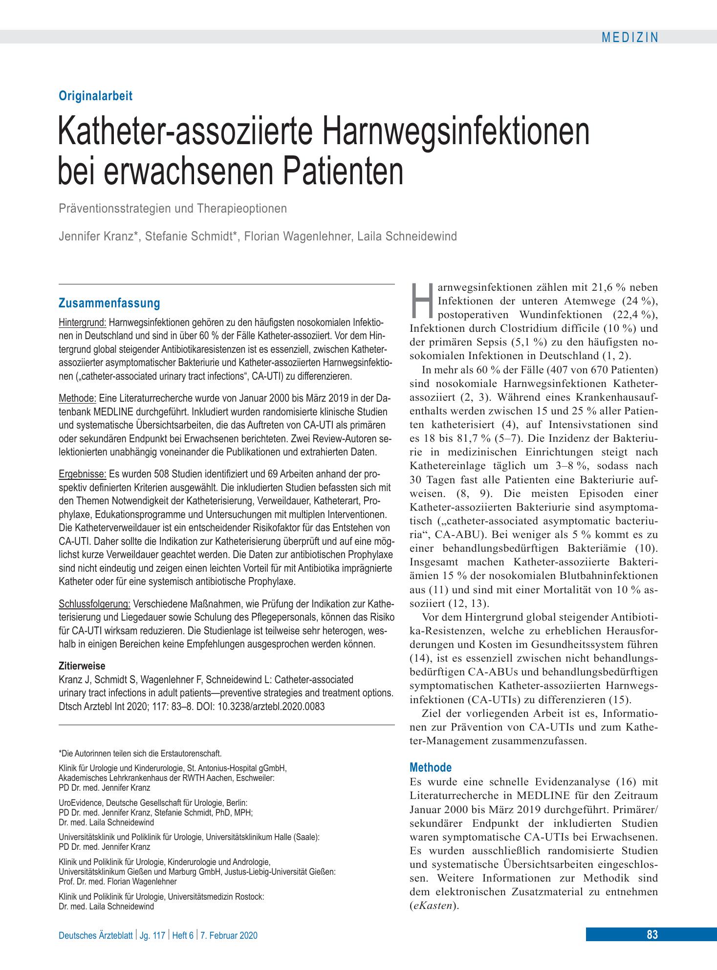 Vorschauseite 1: Katheter-assoziierte Harnwegsinfektionen bei erwachsenen Patienten – Deutsches Ärzteblatt