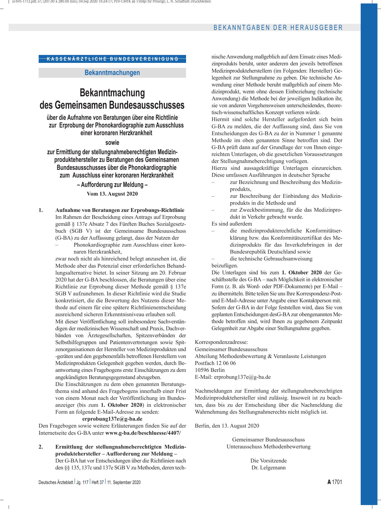 Vorschauseite 1: Bekanntmachung des Gemeinsamen Bundesausschusses über die Aufnahme von Beratungen über eine Richtlinie zur Erprobung der Phonokardiographie zum Ausschluss einer koronaren Herzkran…