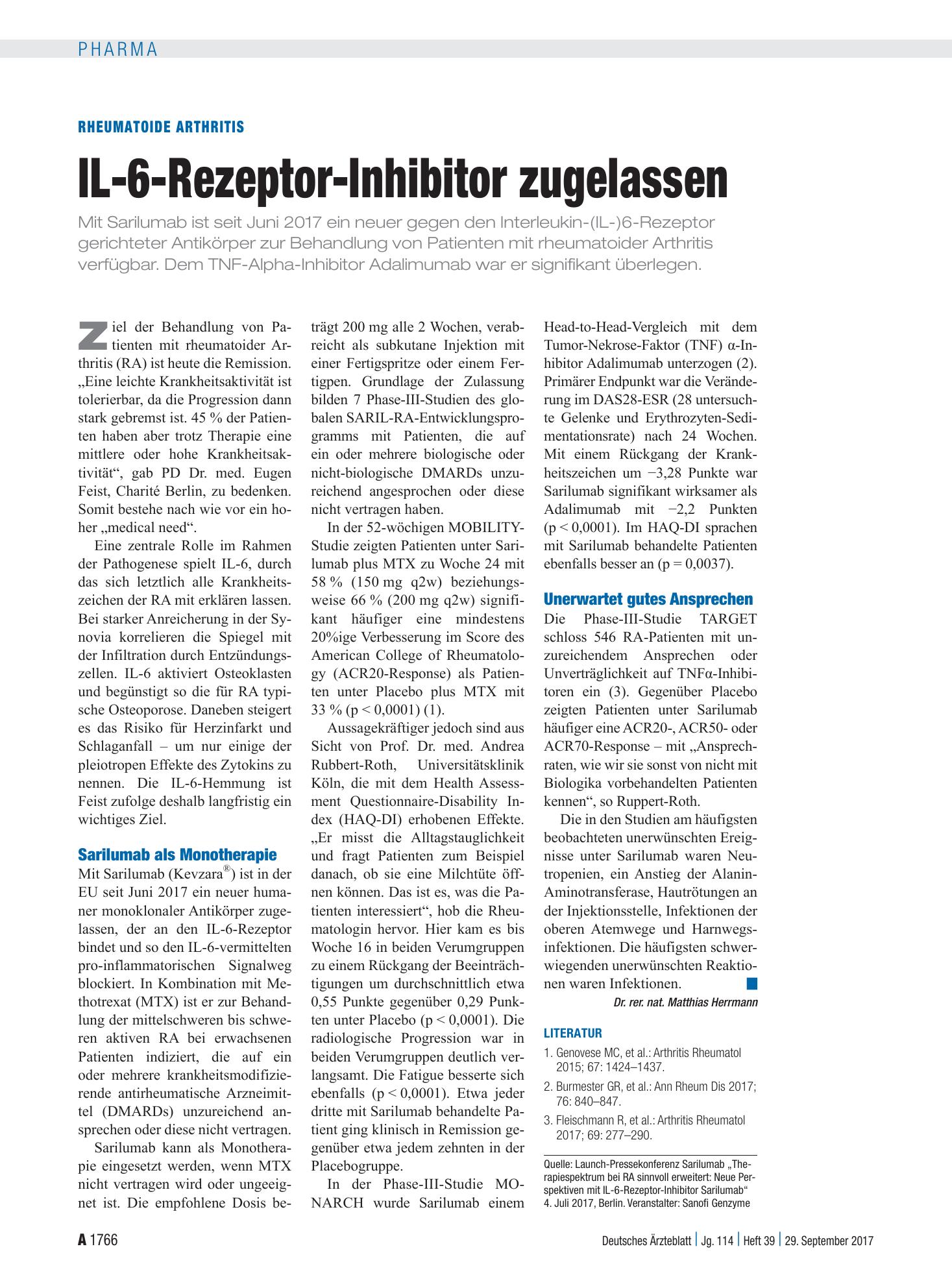 Vorschauseite 1: Rheumatoide Arthritis: IL-6-Rezeptor-Inhibitor zugelassen – Deutsches Ärzteblatt
