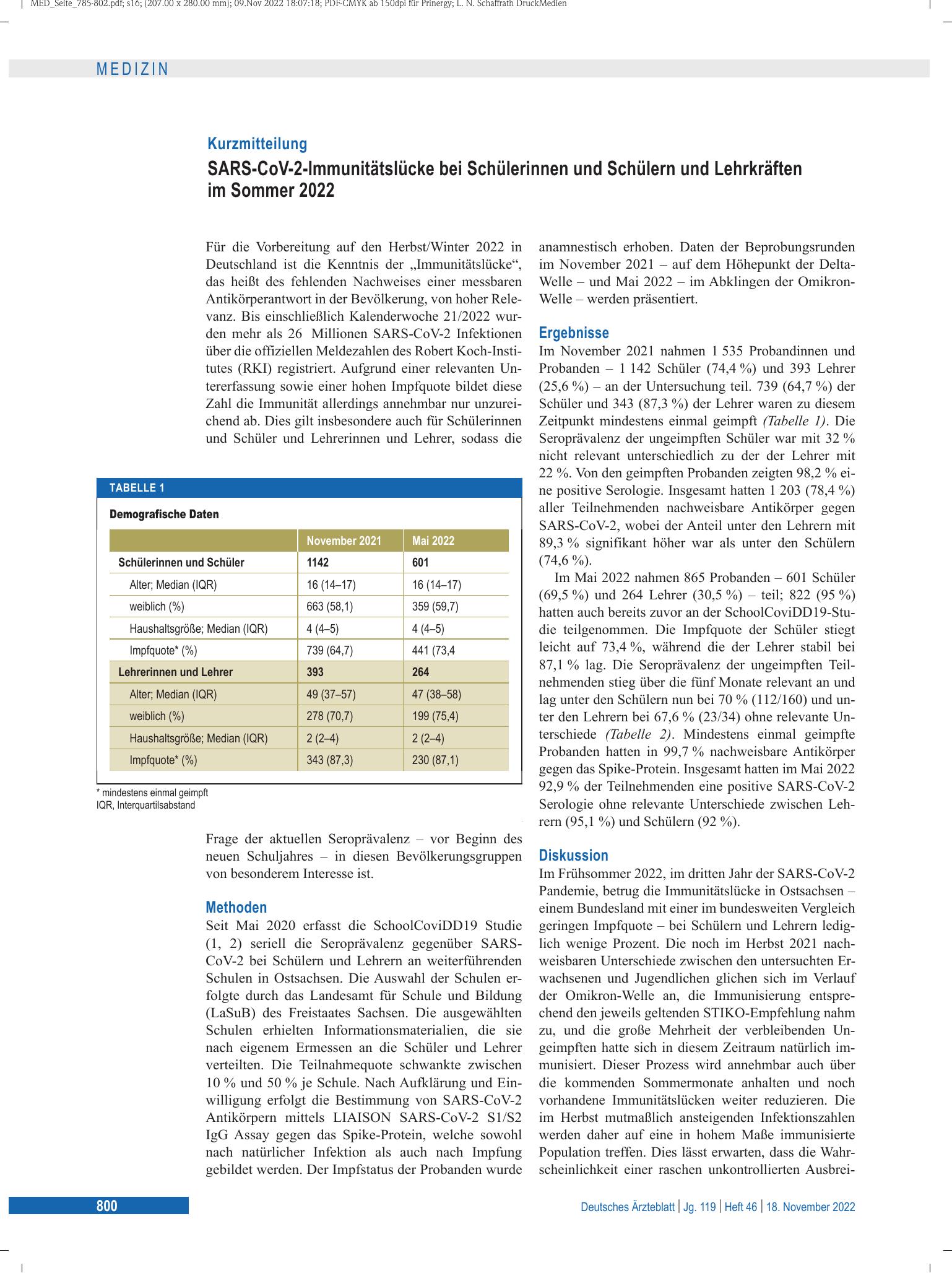 Vorschauseite 1: SARS-CoV-2-Immunitätslücke bei Schülerinnen und Schülern und Lehrkräften im Sommer 2022 – Deutsches Ärzteblatt