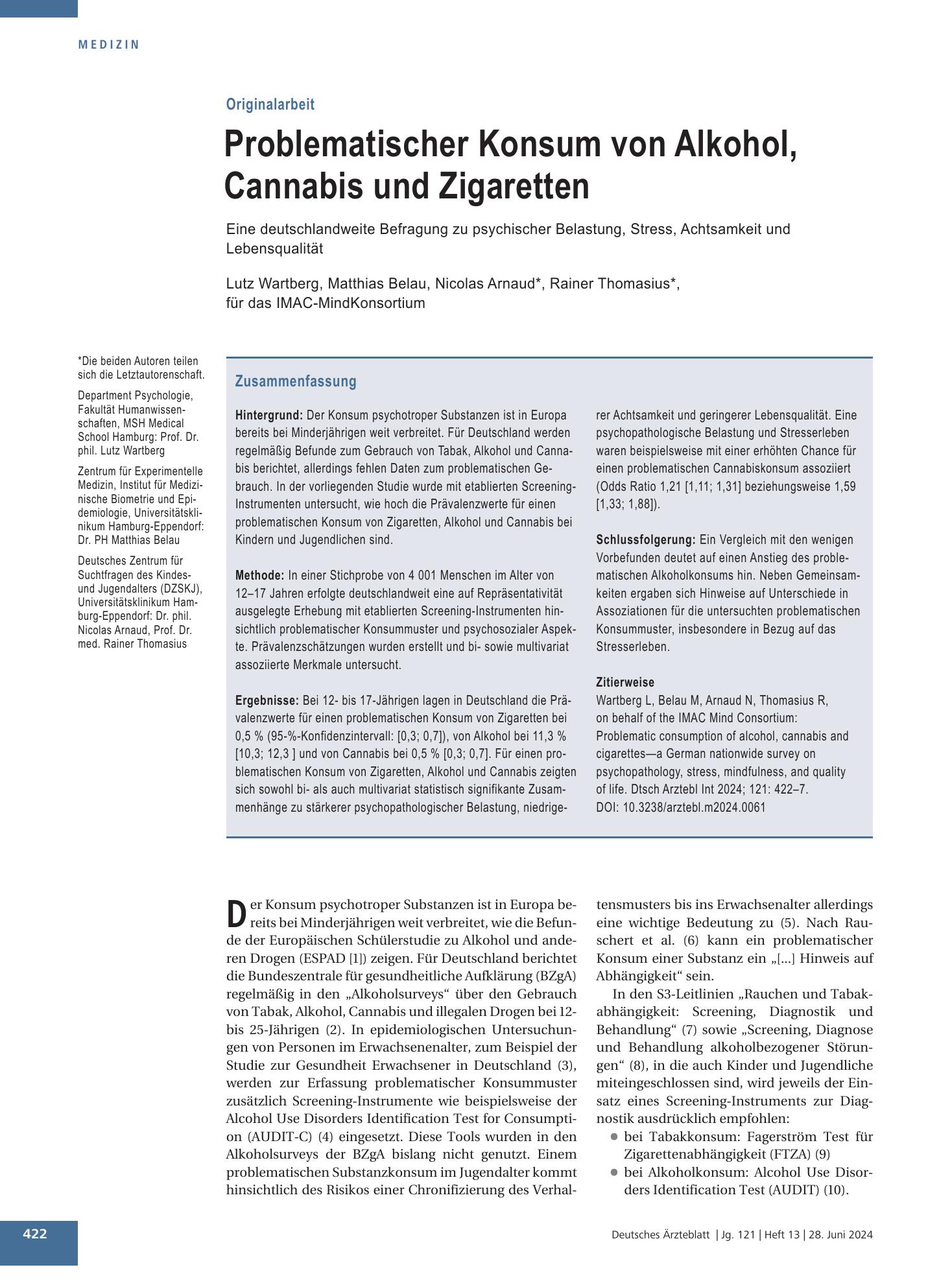 Vorschauseite 1: Problematischer Konsum von Alkohol, Cannabis und Zigaretten – Deutsches Ärzteblatt