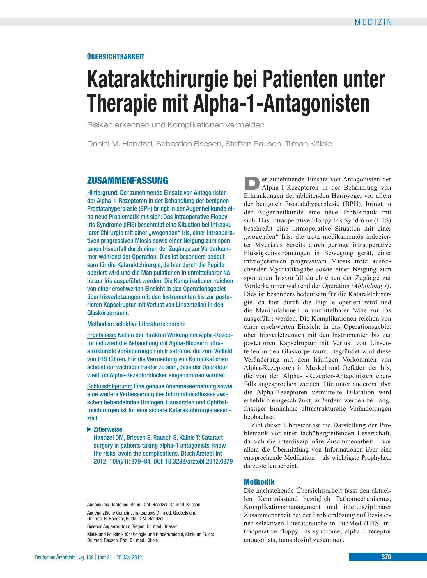 Vorschauseite 1: Kataraktchirurgie bei Patienten unter Therapie mit Alpha-1-Antagonisten – Deutsches Ärzteblatt