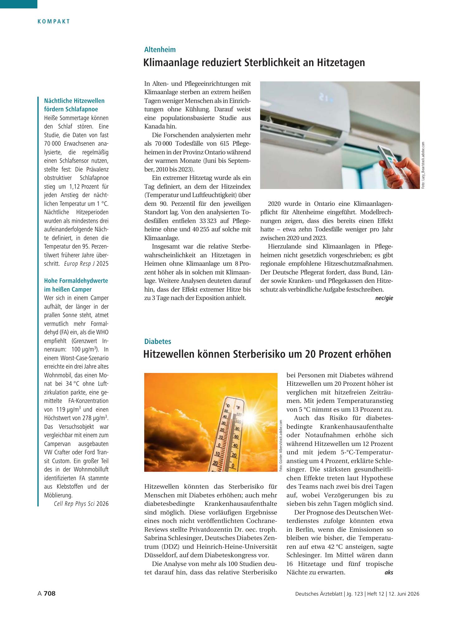 Vorschauseite 1: Nächtliche Hitzewellen fördern Schlafapnoe / Hohe Formaldehydwerte im heißen Camper – Deutsches Ärzteblatt