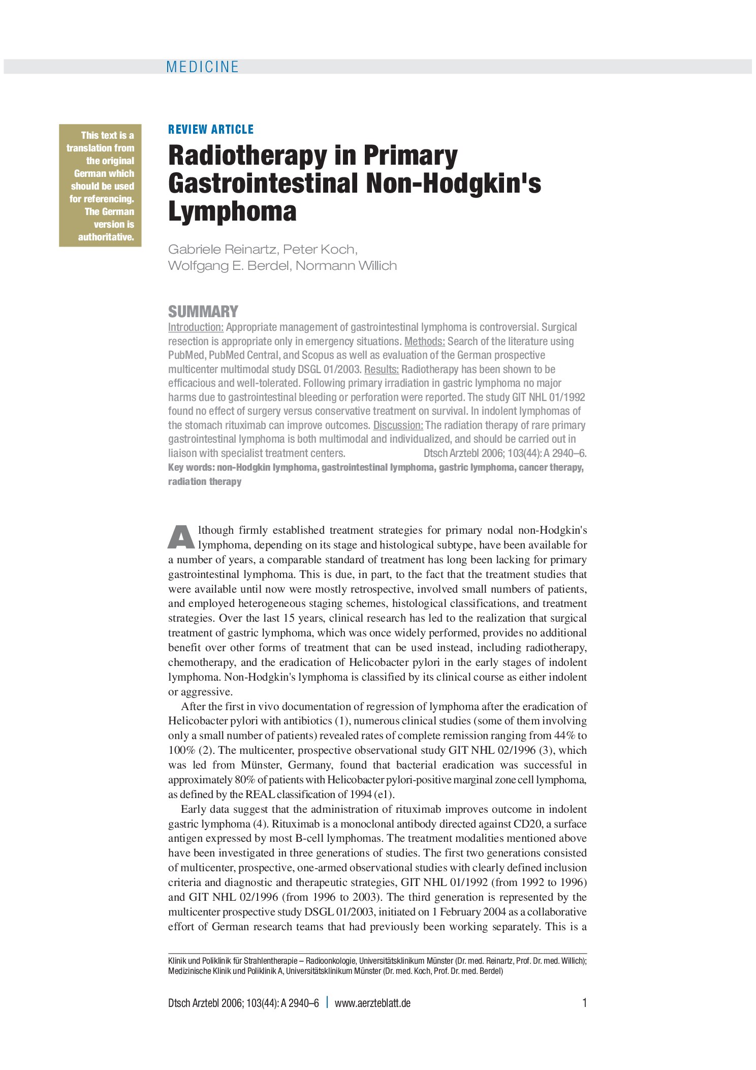 Vorschauseite 1: Strahlentherapie primärer gastrointestinaler Non-Hodgkin-Lymphome – Deutsches Ärzteblatt