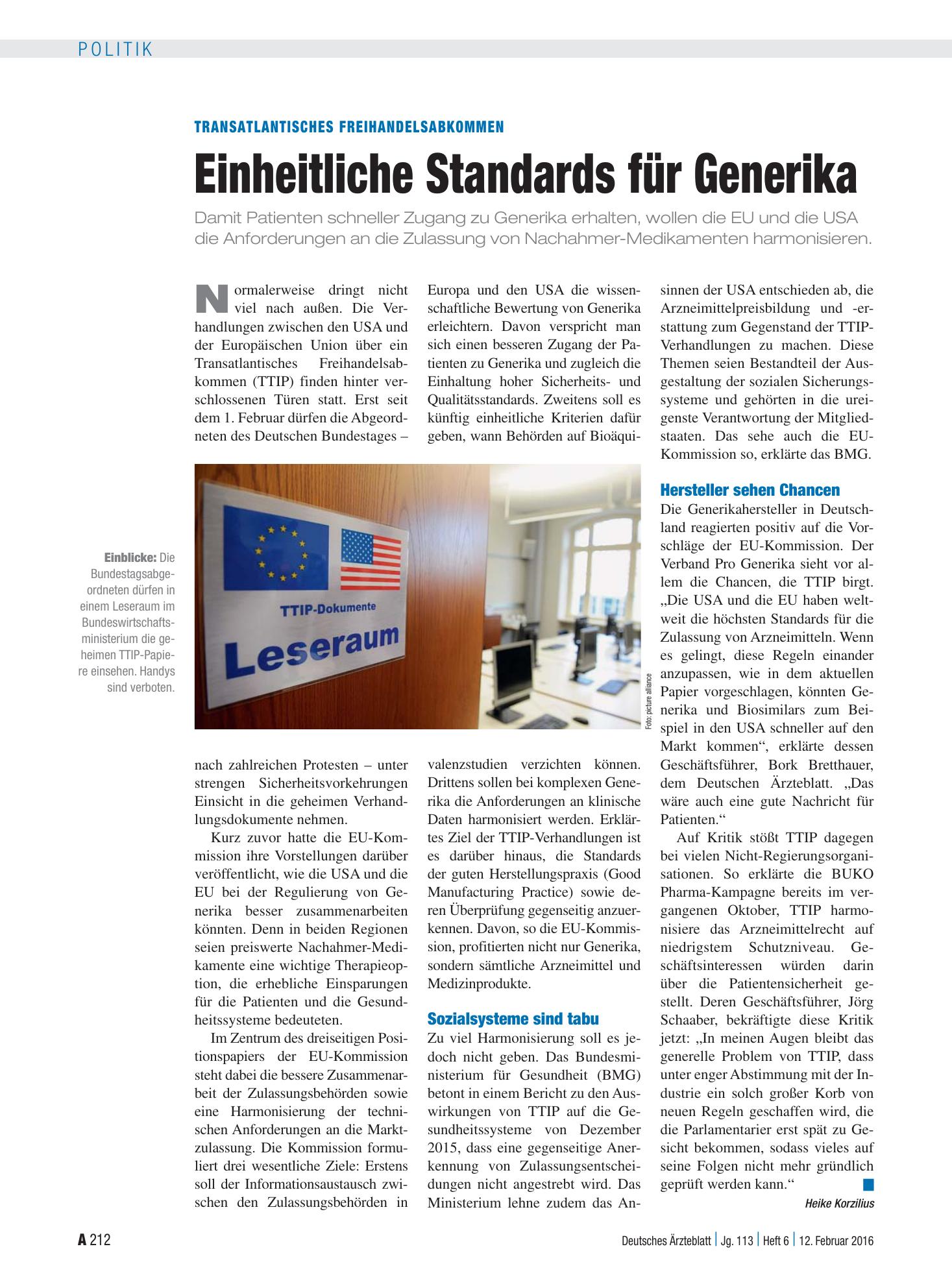 Vorschauseite 1: Transatlantisches Freihandelsabkommen: Einheitliche Standards für Generika – Deutsches Ärzteblatt