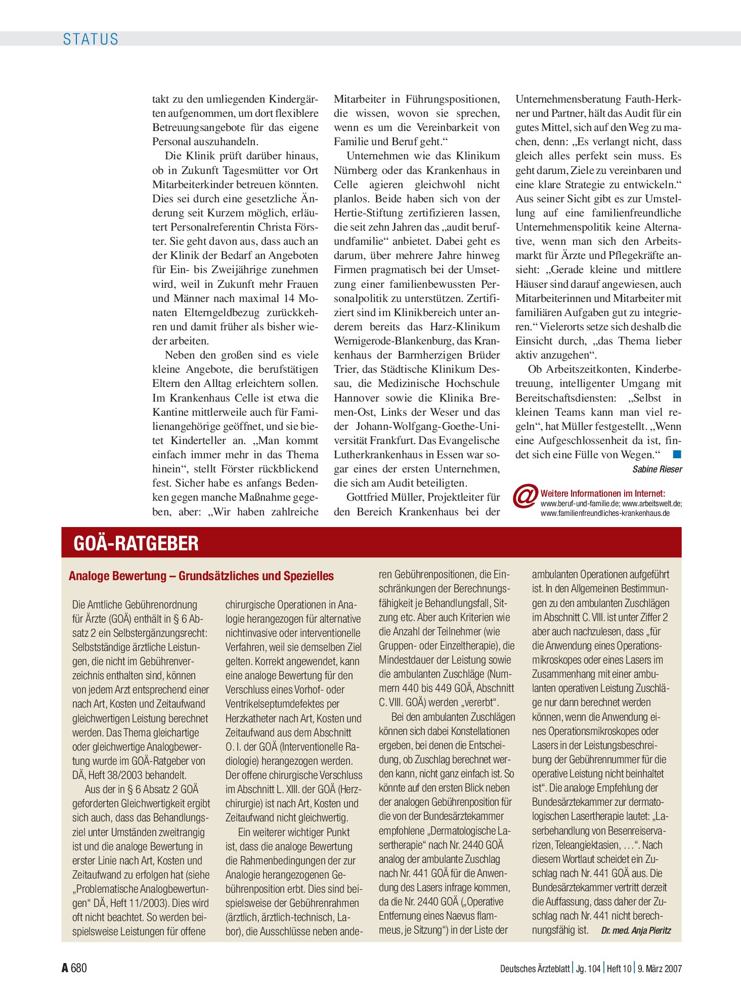 Vorschauseite 1: Analoge Bewertung – Grundsätzliches und Spezielles – Deutsches Ärzteblatt