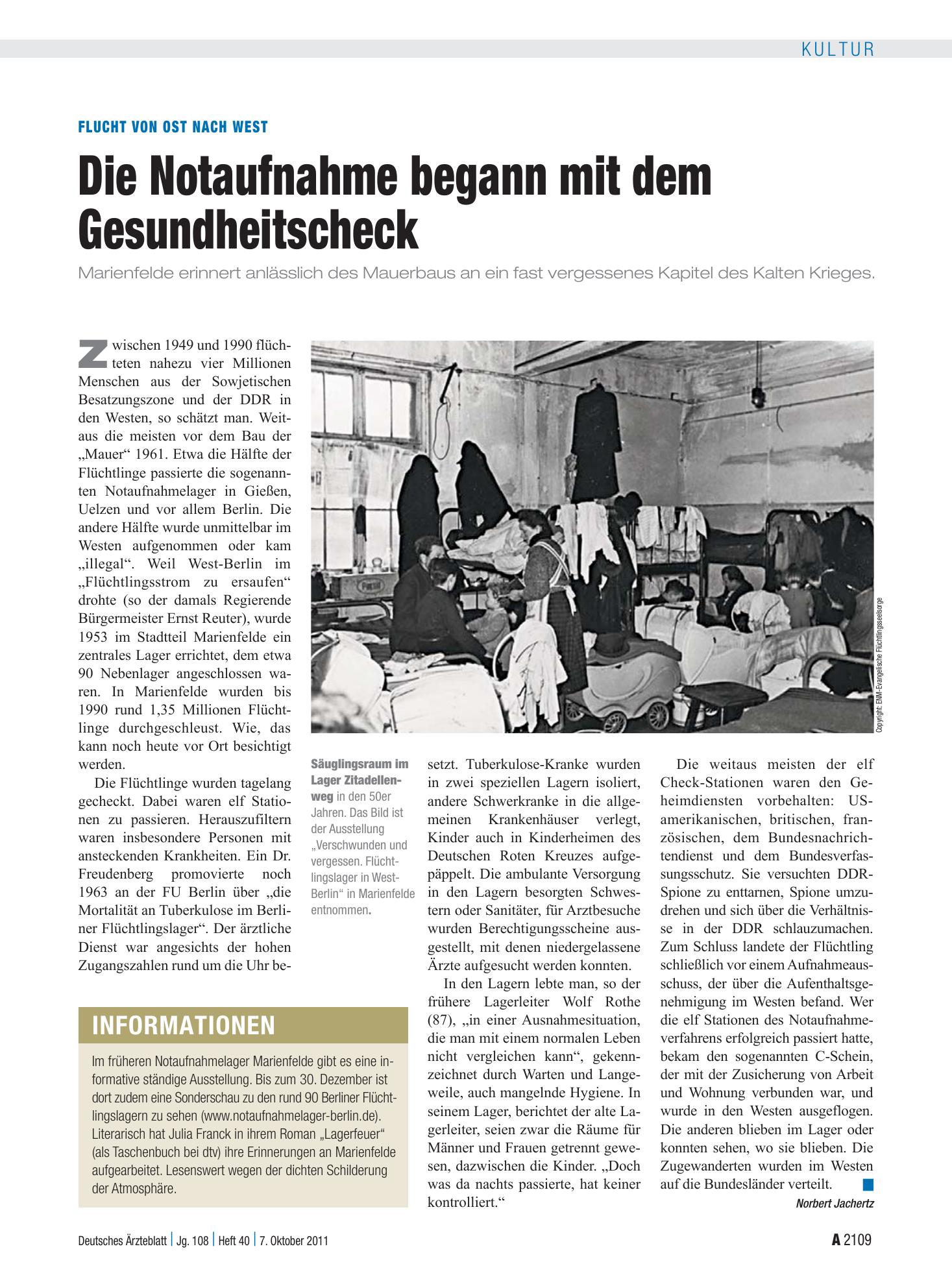 Vorschauseite 1: Flucht von Ost nach West: Die Notaufnahme begann mit dem Gesundheitscheck – Deutsches Ärzteblatt