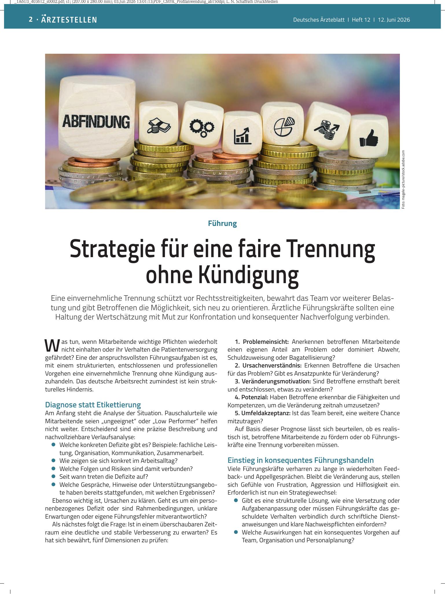Vorschauseite 1: Führung: Strategie für eine faire Trennung ohne Kündigung – Deutsches Ärzteblatt