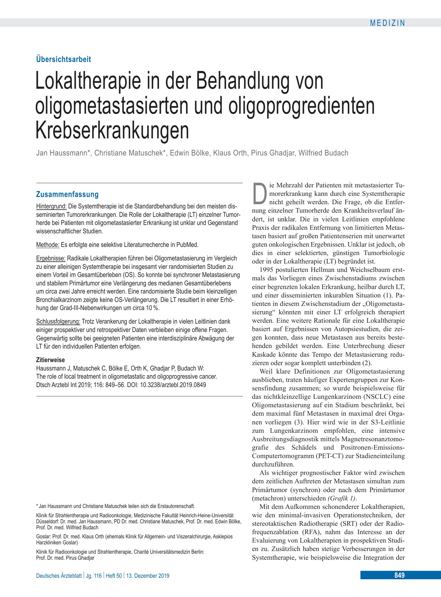 Vorschauseite 1: Lokaltherapie in der Behandlung von oligometastasierten und oligoprogredienten Krebserkrankungen – Deutsches Ärzteblatt
