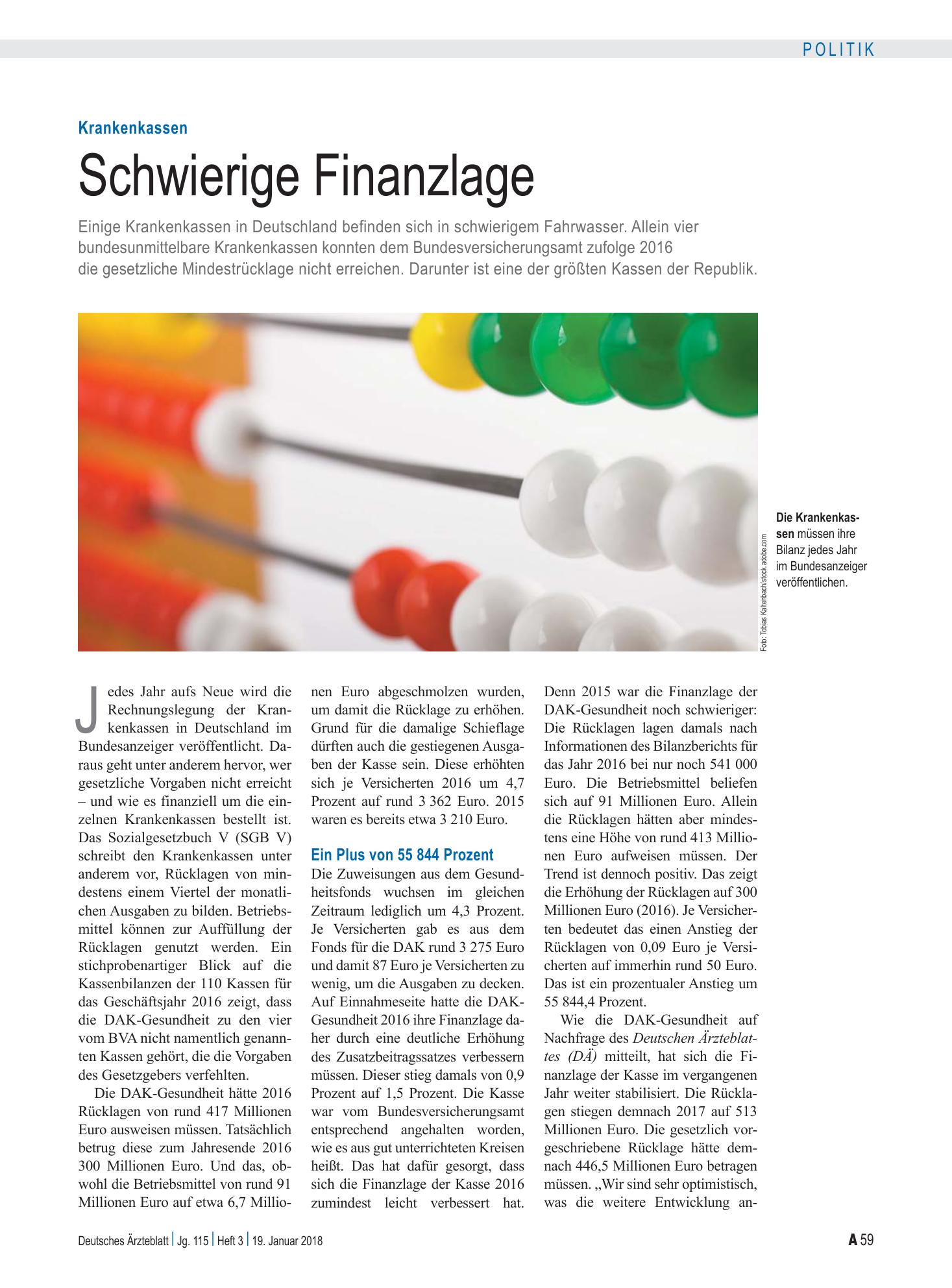 Vorschauseite 1: Krankenkassen: Schwierige Finanzlage – Deutsches Ärzteblatt