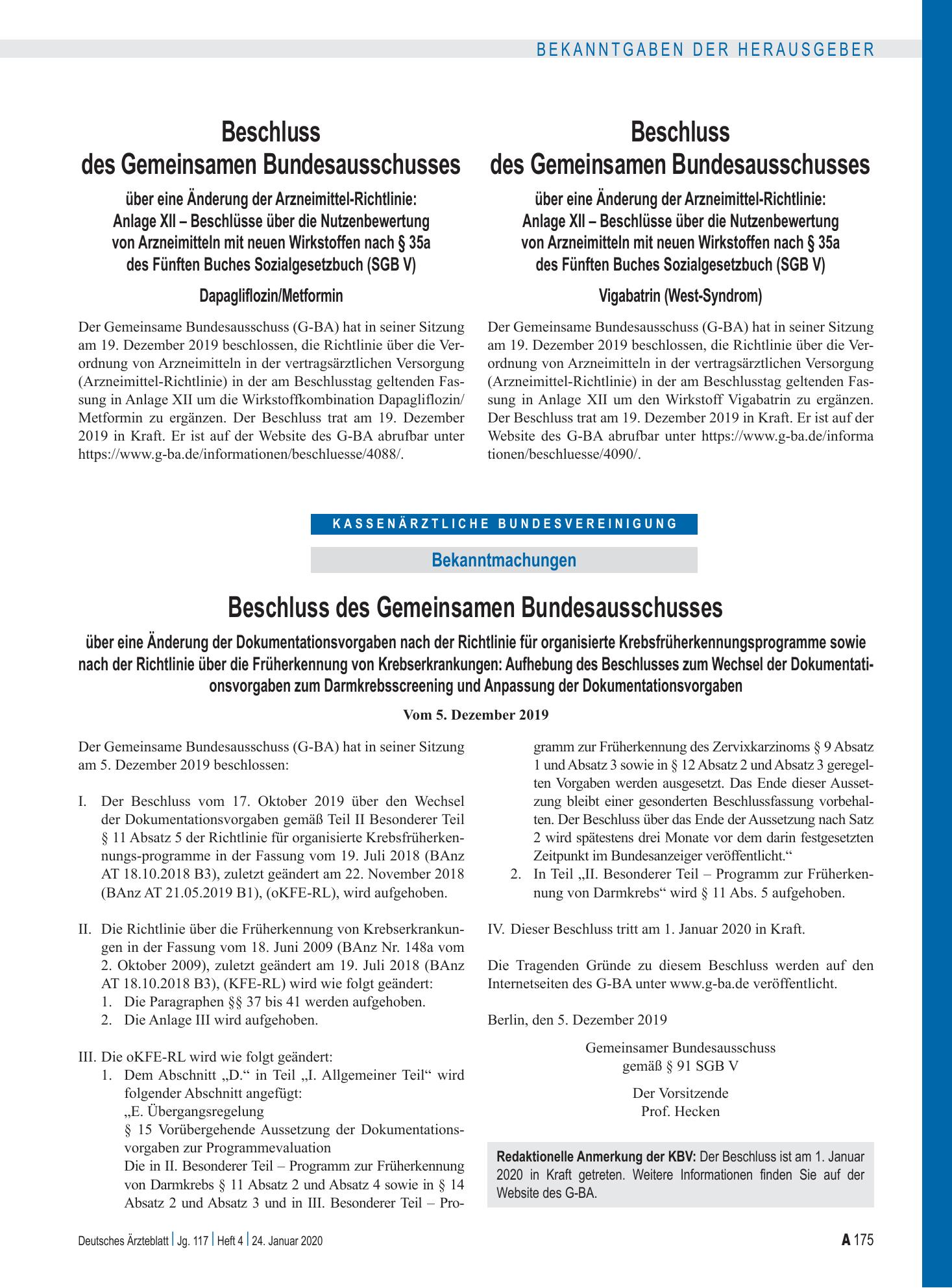 Vorschauseite 1: Beschluss des Gemeinsamen Bundesausschusses über eine Änderung der Arzneimittel-Richtlinie: Anlage XII – Vigabatrin (West-Syndrom) – Deutsches Ärzteblatt