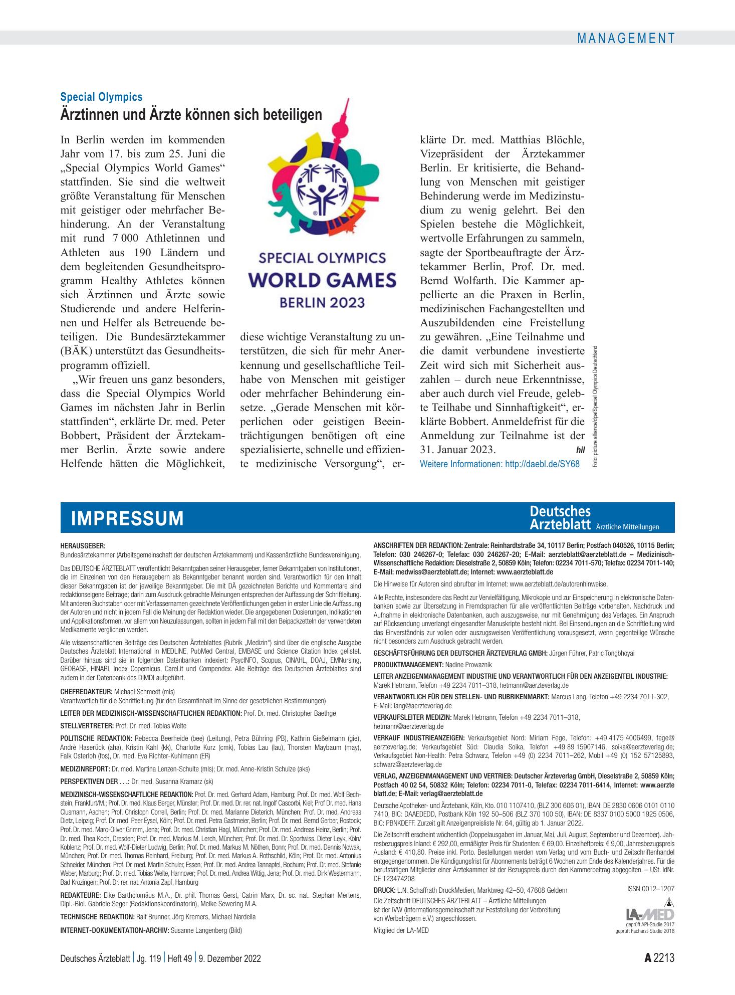 Vorschauseite 1: Special Olympics: Ärztinnen und Ärzte können sich beteiligen – Deutsches Ärzteblatt